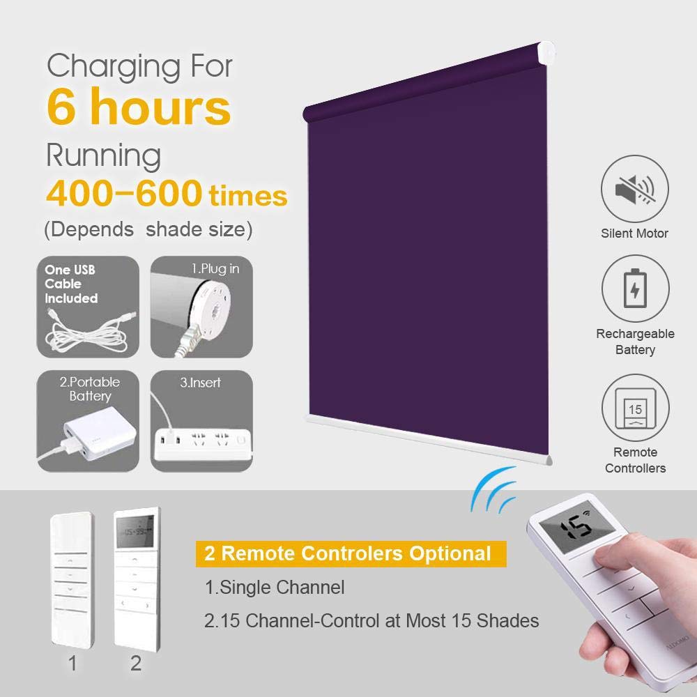 Yin Yang Motorized Window Blinds - Purple Remote Control Roller Shades with Wireless & Rechargeable Features | Light Filtering & UV Protection for Home, Office, Kitchen | Perfect for Living Rooms, Bedrooms & Patio Doors