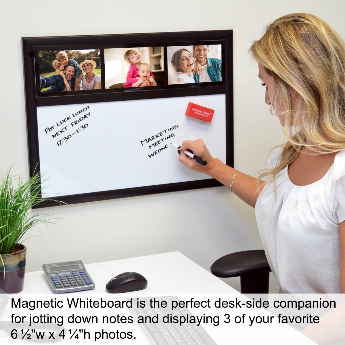 24”x 18” Magnetic Whiteboard for Office & Home - Includes 3 Photo Frames, Dry Erase Marker & Magnetic Eraser - Perfect for Organizing Notes, Photos & Reminders in Cubicles, Classrooms or Workspaces