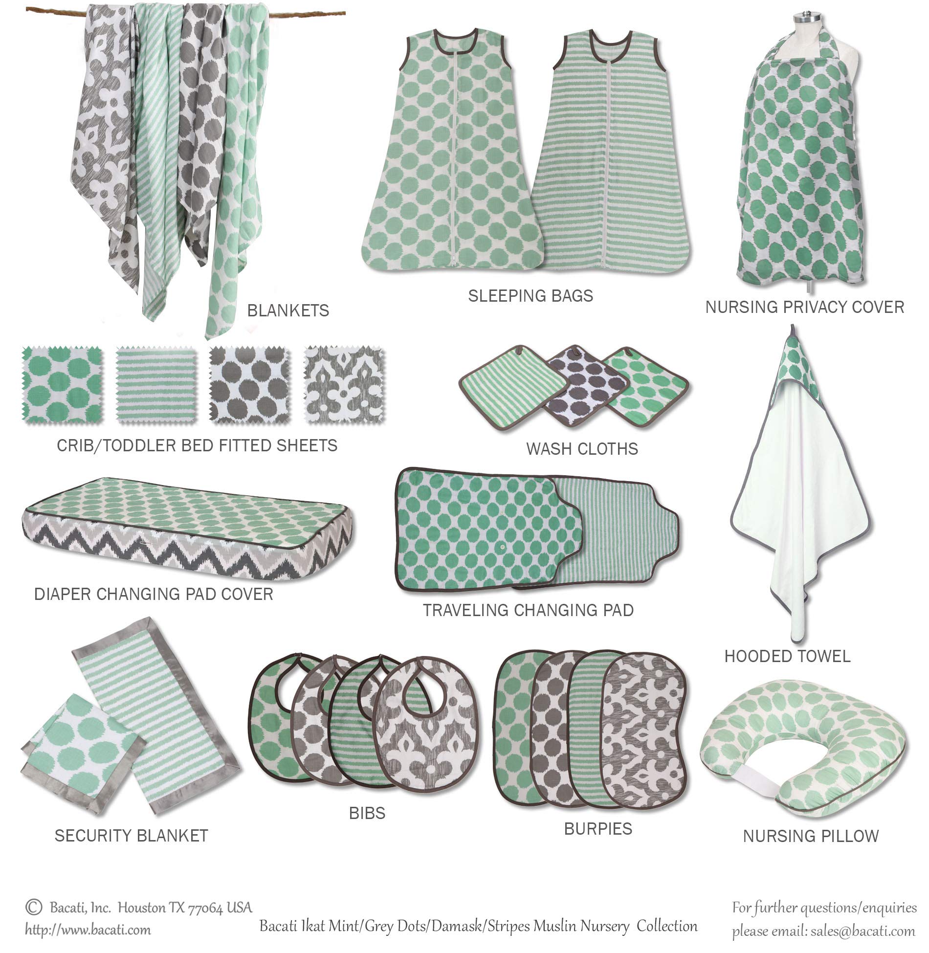 Bacati 10-Piece Neutral Crib Set with 4 Muslin Swaddling Blankets - Mint & Grey Ikat Chevron Pattern for Standard US Crib | Soft Baby Bedding for Nursery, Swaddle Newborns & Toddler Sleep Comfort