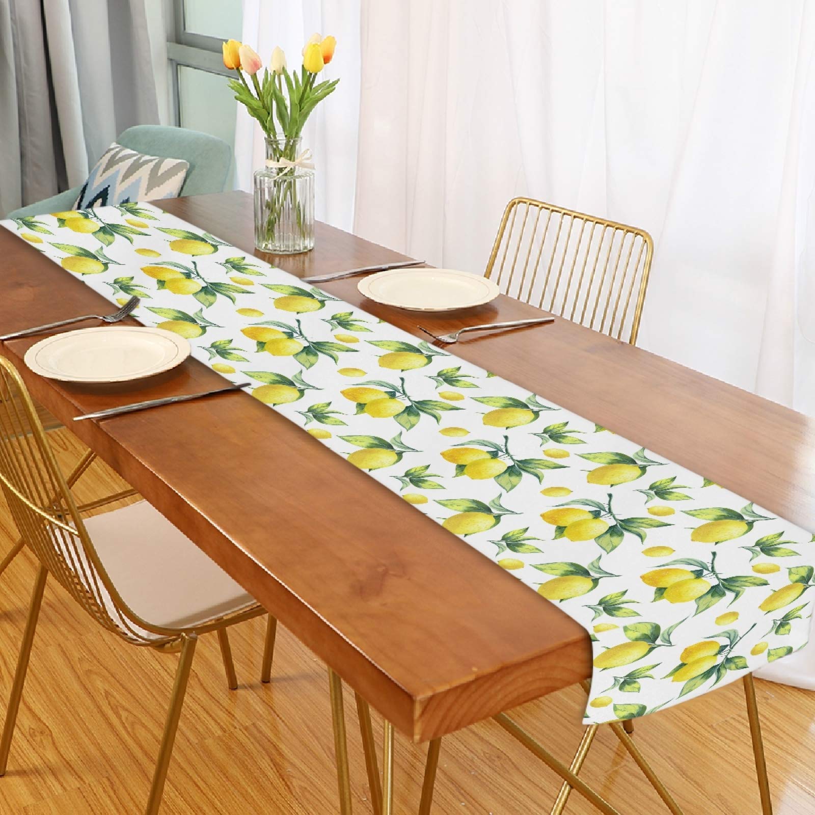 Exnundod 70 Inch Spring Lemons Leaves Table Runner - White & Yellow Rustic Dining Table Decor for Summer, Holiday, Kitchen, Home Party - Washable & Durable (Perfect for Farmhouse, Wedding, Easter, and Seasonal Celebrations)