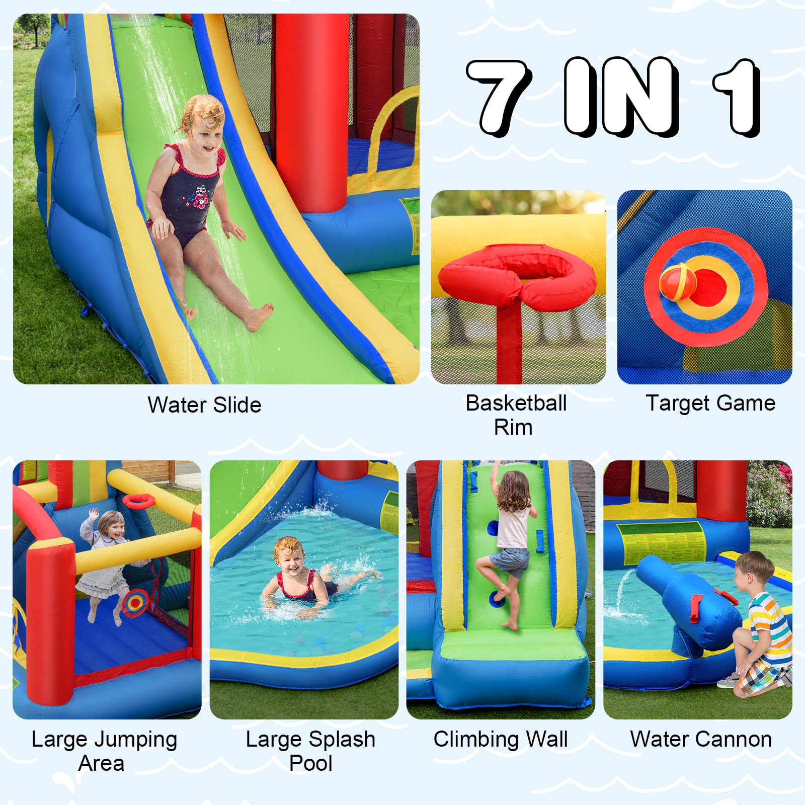 **HONEY JOY 7-in-1 Inflatable Water Slide for Kids & Adults - Giant Splash Pool, Bounce House, Outdoor Water Park with 740W Blower - Perfect for Backyard, Birthday Parties & Summer Fun**
