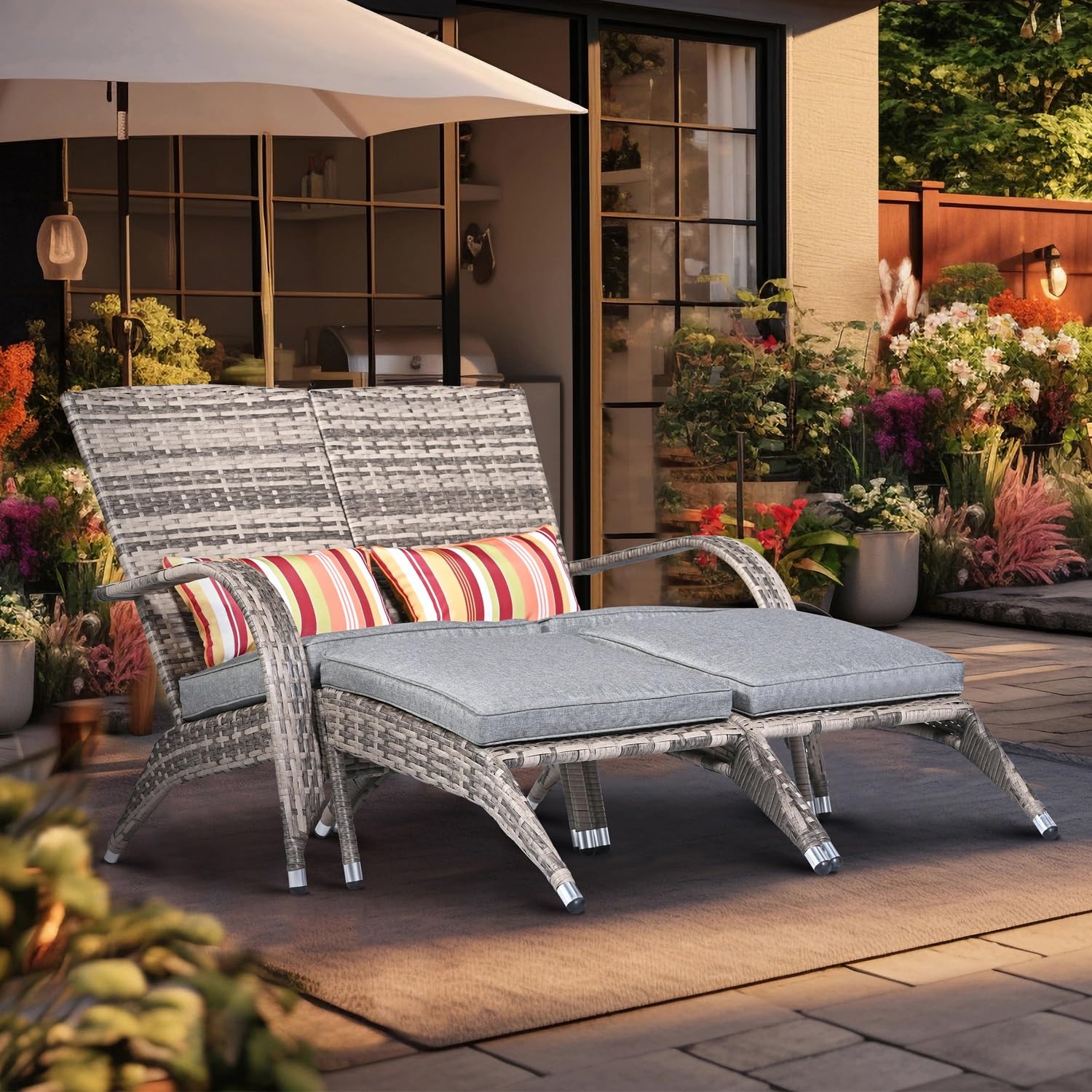 Outdoor Patio Wicker Loveseat Bench - Grey Rattan Double Adirondack Chairs with Ottoman Cushion, Comfortable Deep Seating High Back Fire Pit Chairs for Balcony, Garden, Backyard & Poolside Relaxation