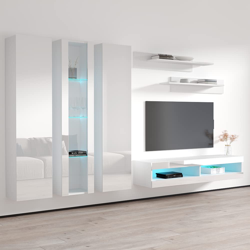 Modern White Wall-Mounted TV Stand with Storage Shelves & LED Lights - 34