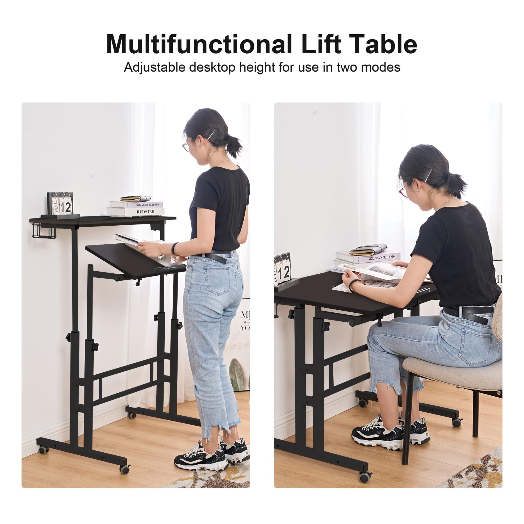 SogesPower Adjustable Laptop Stand for Bed & Sofa - 2-Tier Mobile Standing Desk with Cup Holder & Hooks - Portable Computer Table for Home Office, Dorm Room & Small Spaces (Black)