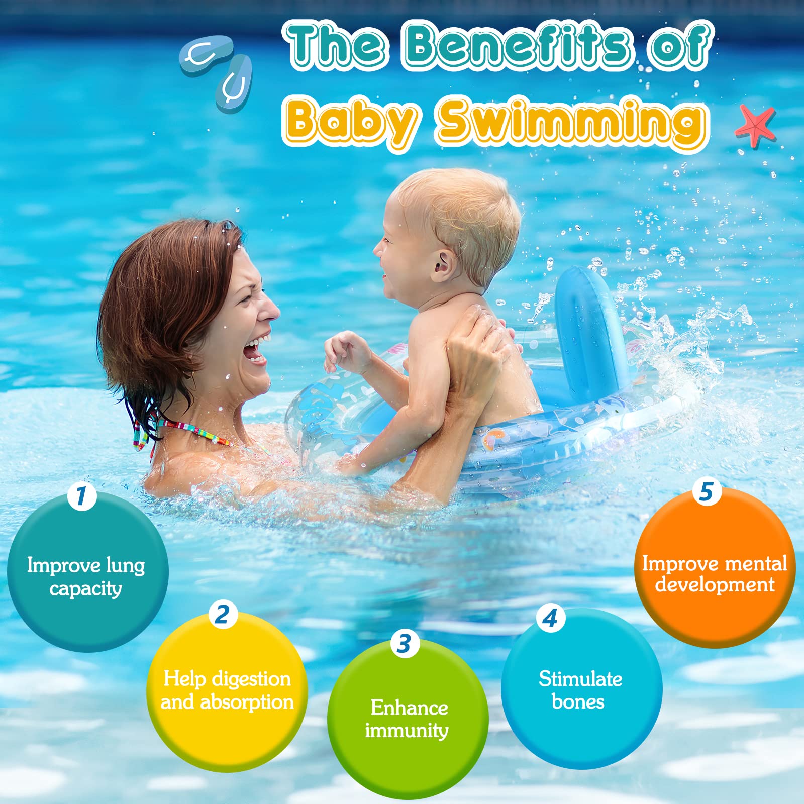 Zooawa Baby Swimming Float with Safety Seat - Thickened No Flip Infant Pool Float for Swim Training - Ideal for Babies 6-30 Months (Large, Blue) - Perfect for Pool, Beach & Backyard Water Play