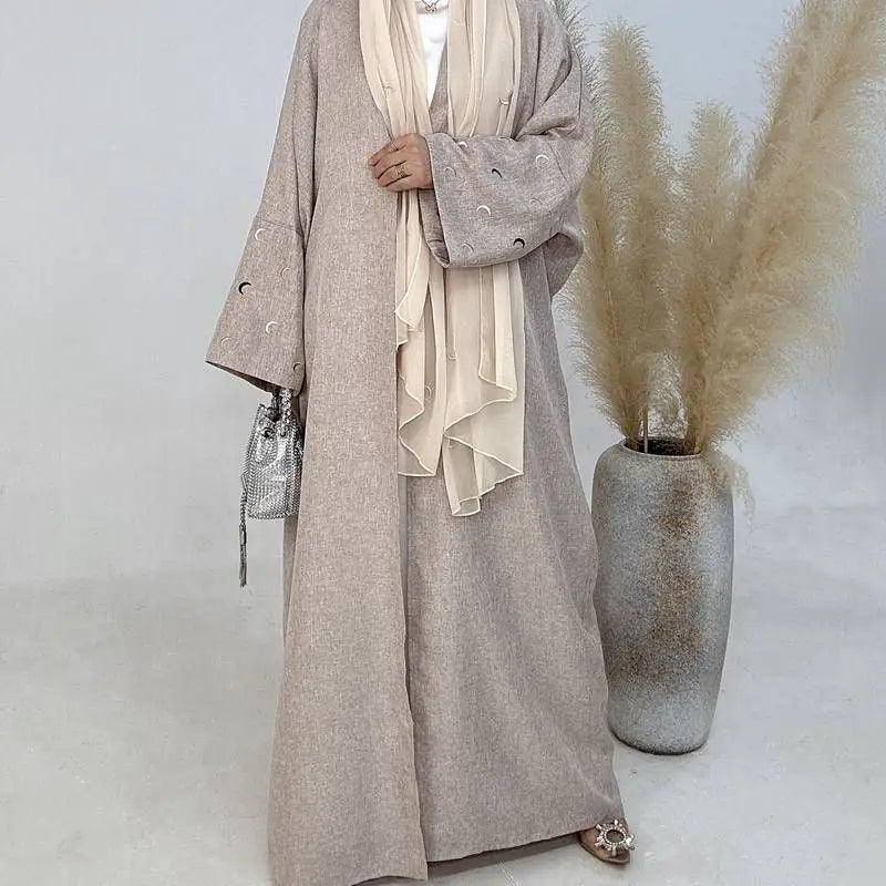 Moon Embroidery Cardigan Open Abaya Dress - Elegant Muslim Women's Outerwear for Prayer, Wedding & Special Occasions