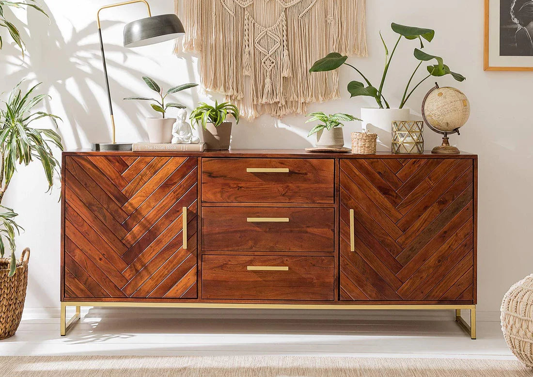 Gfine Solid Acacia Wood Sideboard - 2 Doors & 3 Drawers, 150x40x76cm - Perfect for Living Room Storage & Dining Room Organization