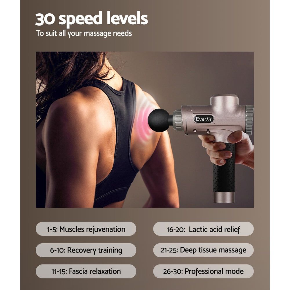 Everfit Deep Tissue Massage Gun with 6 Interchangeable Heads & LCD Display - Electric Percussion Massager for Muscle Pain Relief & Recovery - Perfect for Athletes, Gym Lovers & Home Use
