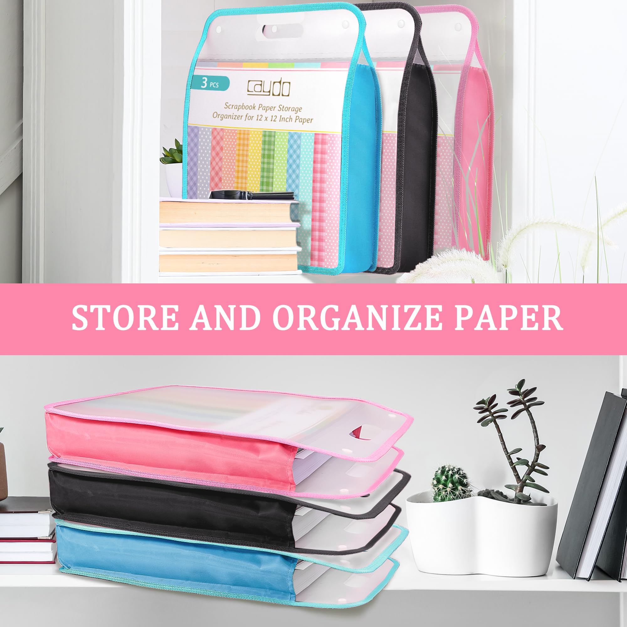 Caydo 3-Pack Clear Expanding Scrapbook Paper Organizer with Handle - 12x12 Portable Paper Storage for Scrapbooking, Vinyl, Cardstock (Blue, Pink, Black) - Perfect for Craft Rooms, Scrapbook Projects & Art Supplies Organization