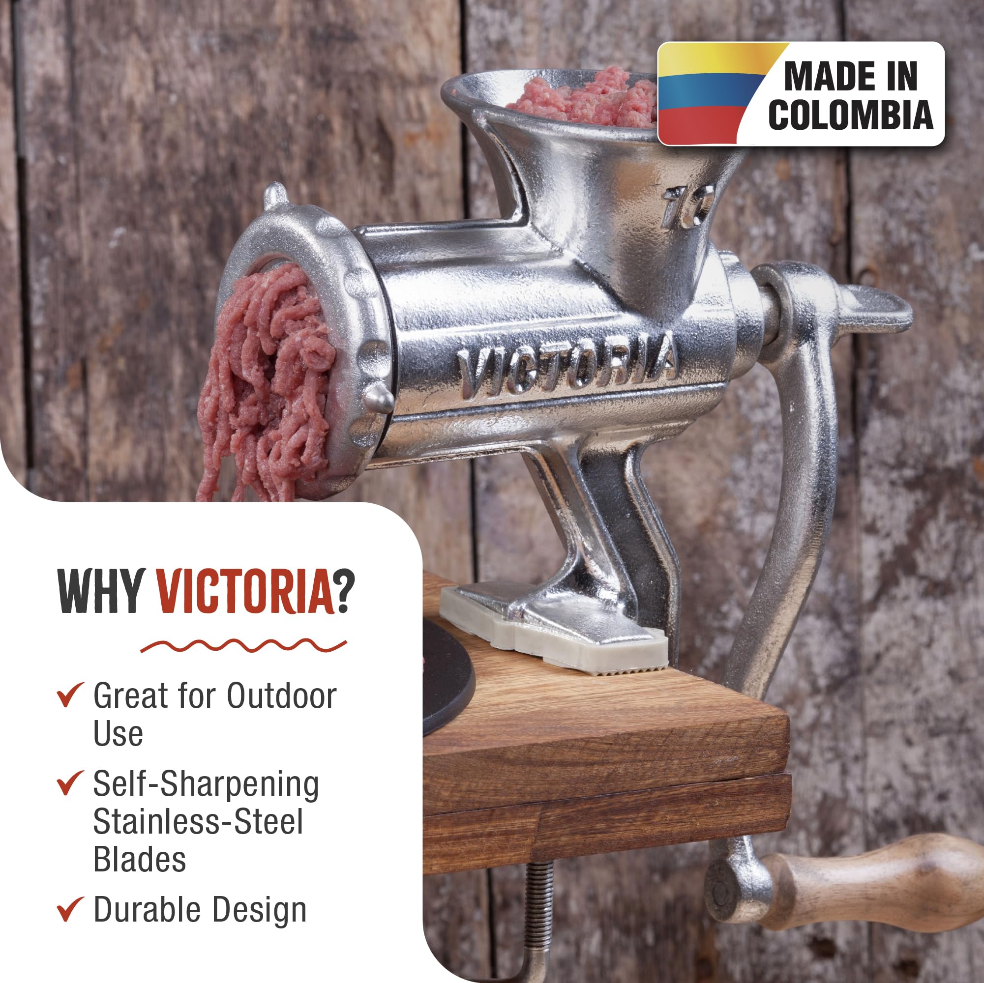 Victoria Cast-Iron Meat Grinder with Table Clamp - Heavy Duty Manual Sausage Grinder & Meat Mincer No.10 - Made in Colombia - Perfect for Home Kitchen, Sausage Making & Meat Processing