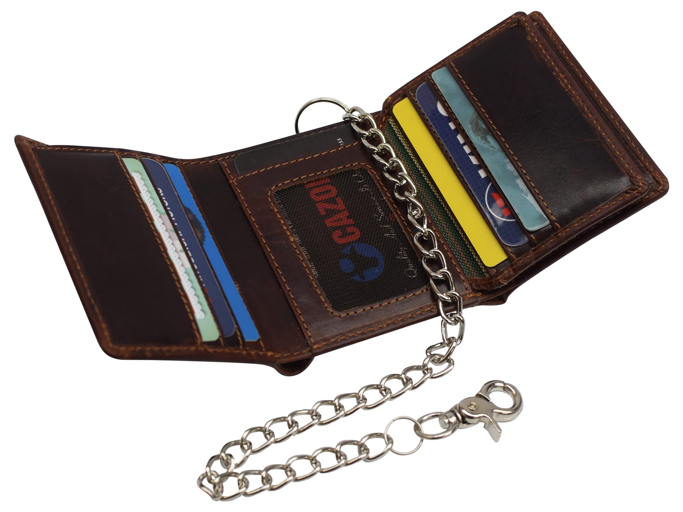 Premium RFID Blocking Leather Chain Trifold Wallet for Men - Vintage Brown with Detachable Chain | Secure & Stylish Wallet for Travel, Business & Everyday Use
