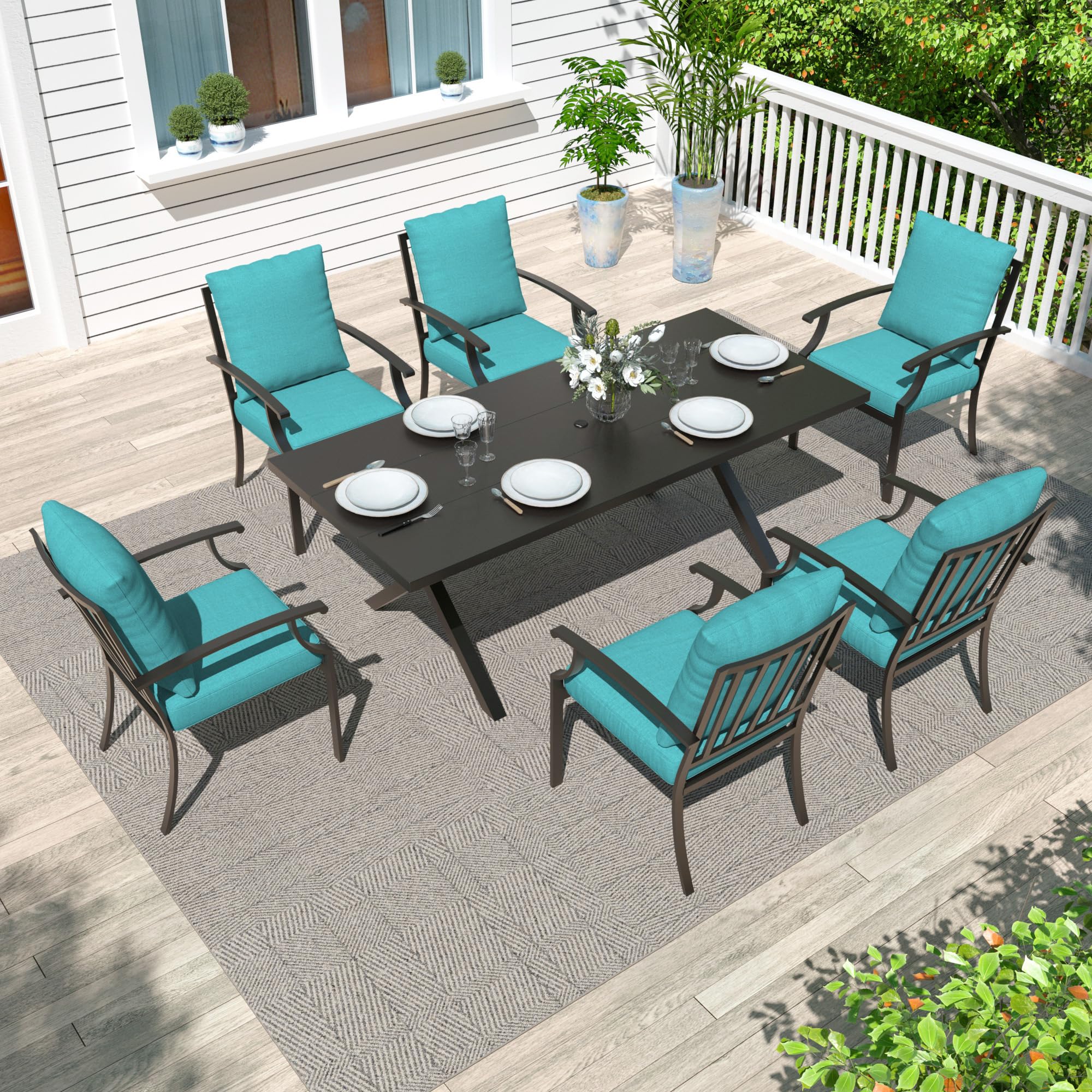 Gotland 7-Piece Outdoor Dining Set for 6 - Modern Rectangular Patio Table with Umbrella Hole & Metal Chairs - Blue Garden Furniture for Backyard, Lawn, Poolside & BBQ Gatherings