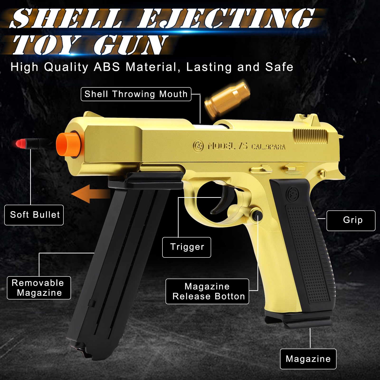 Soft Bullet Toy Gun with Shell Ejecting Feature - 48 Foam Bullets Included | Realistic Gold Toy Pistol for Boys & Kids Ages 8+ | Fidget Stress Relief Gun | Perfect for Halloween, Christmas, Birthday Gifts | Great for Outdoor Play, Target Practice & Pretend Battles