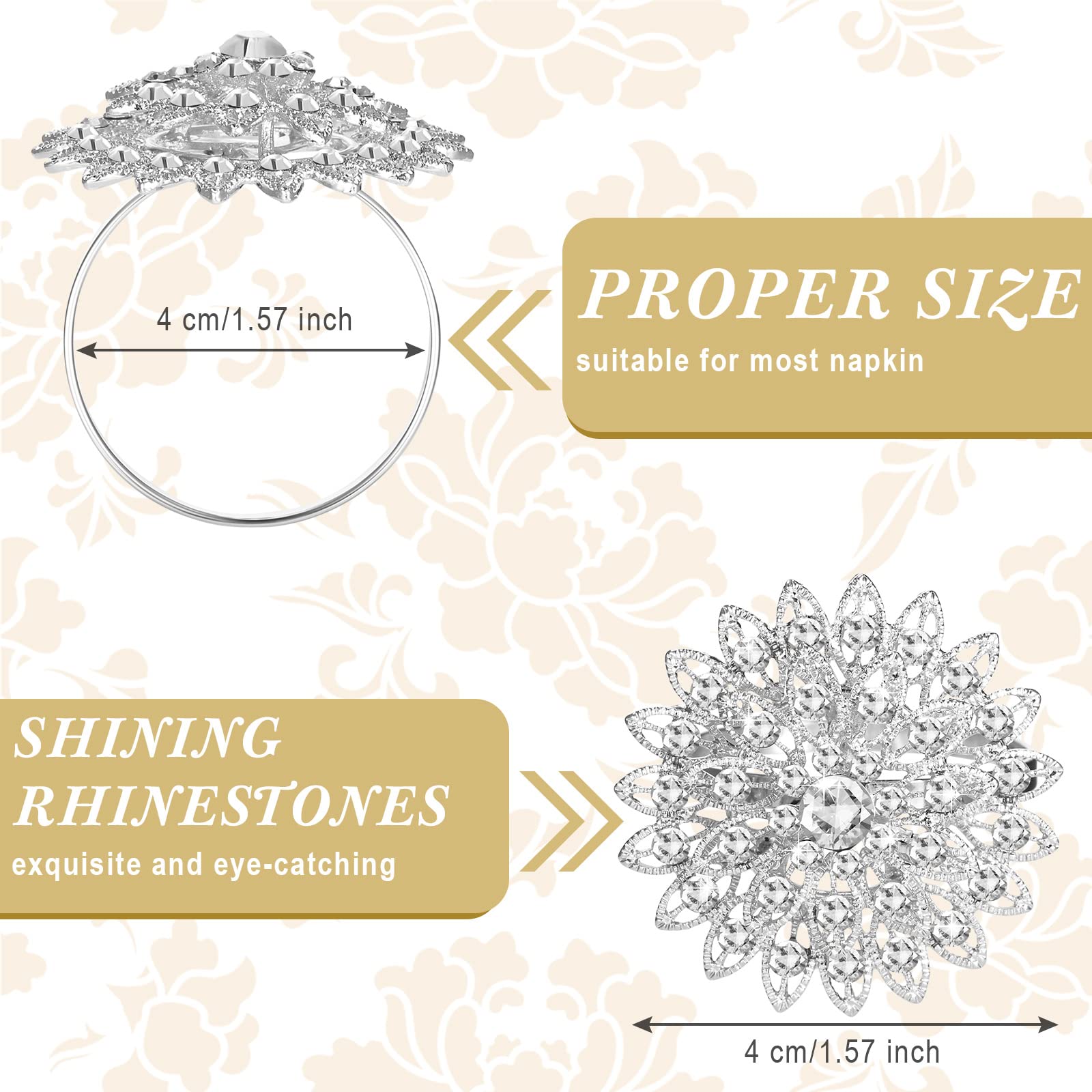 100 Pcs Silver Floral Crystal Rhinestone Napkin Rings - Elegant Bling Napkin Holders for Wedding, Birthday Party, Dinner & Home Table Decor - Perfect for Holiday Gatherings, Bridal Showers & Fine Dining