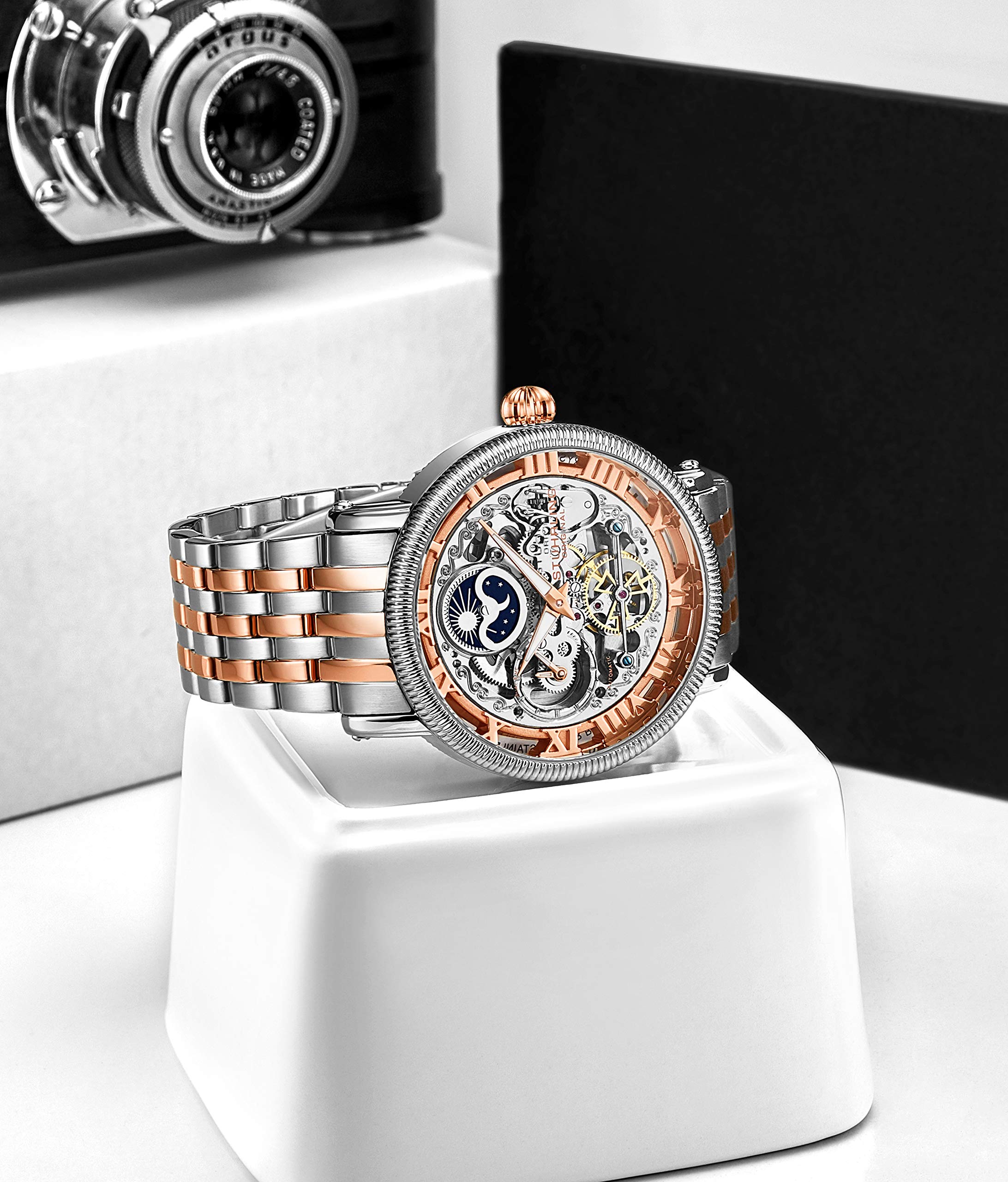 Stuhrling Original Men's Automatic Skeleton Watch - Silver Stainless Steel Bracelet, Dual Time, AM/PM Sun Moon Display - 3922 Collection | Perfect for Business, Formal Events & Luxury Gifts
