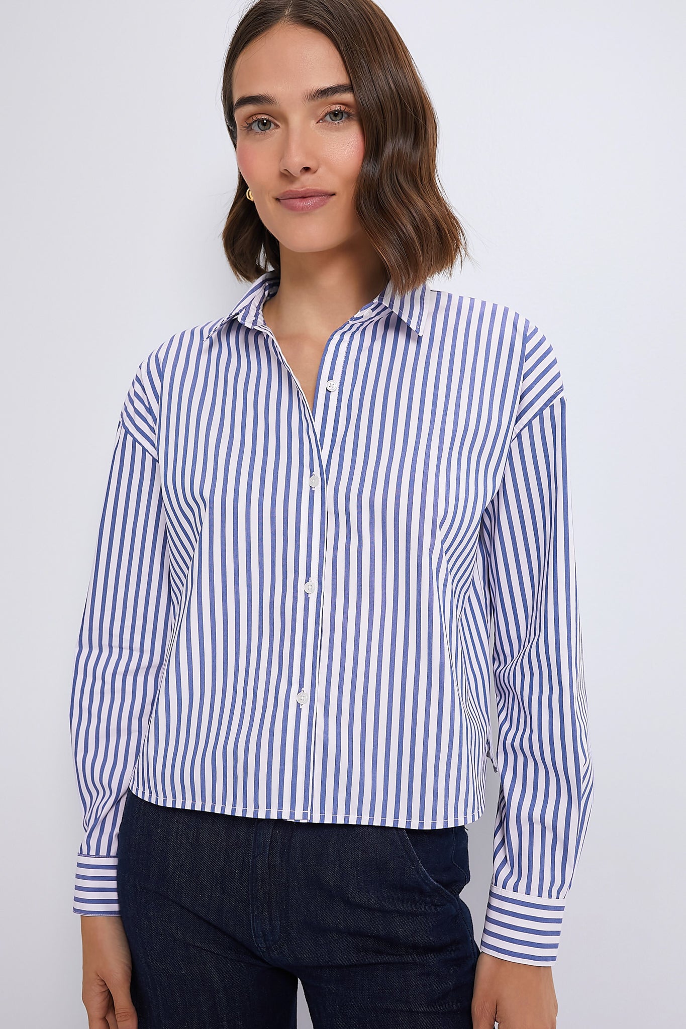 Blue Stripe Cropped Jasper Button Down Shirt for Women | Casual Office Wear & Summer Outfits | Lightweight Cotton Blouse with Short Sleeves