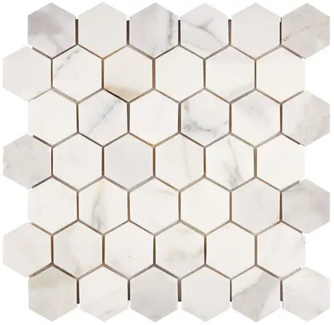 Premium Calacatta Gold Marble 2-Inch Hexagon Mosaic Tile - Elegant Backsplash & Bathroom Flooring for Modern Home Decor