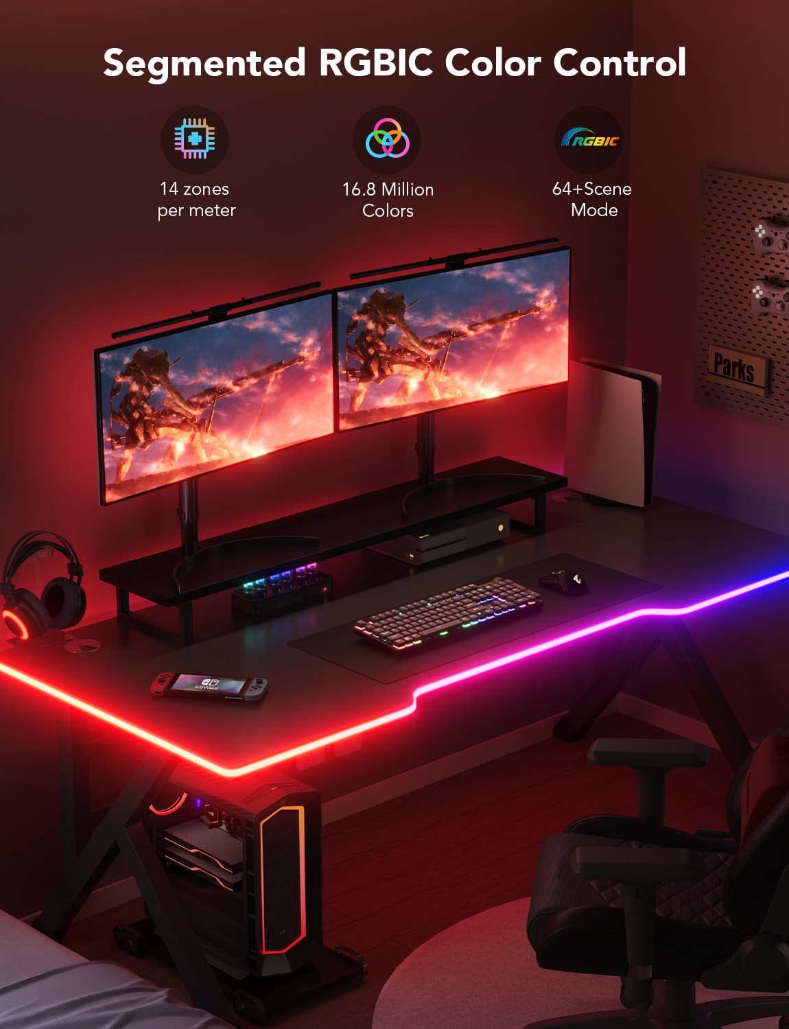 Govee RGBIC Gaming LED Strip Lights - 10ft Neon Rope Lights for Gaming Setup, PC Desk, Room Decor | Razer Chroma Sync, Smart App Control, Music Mode | Cuttable Design, 2.4G WiFi Only | Perfect for Gaming Battlestations, Streaming Backgrounds & Home Theater Lighting