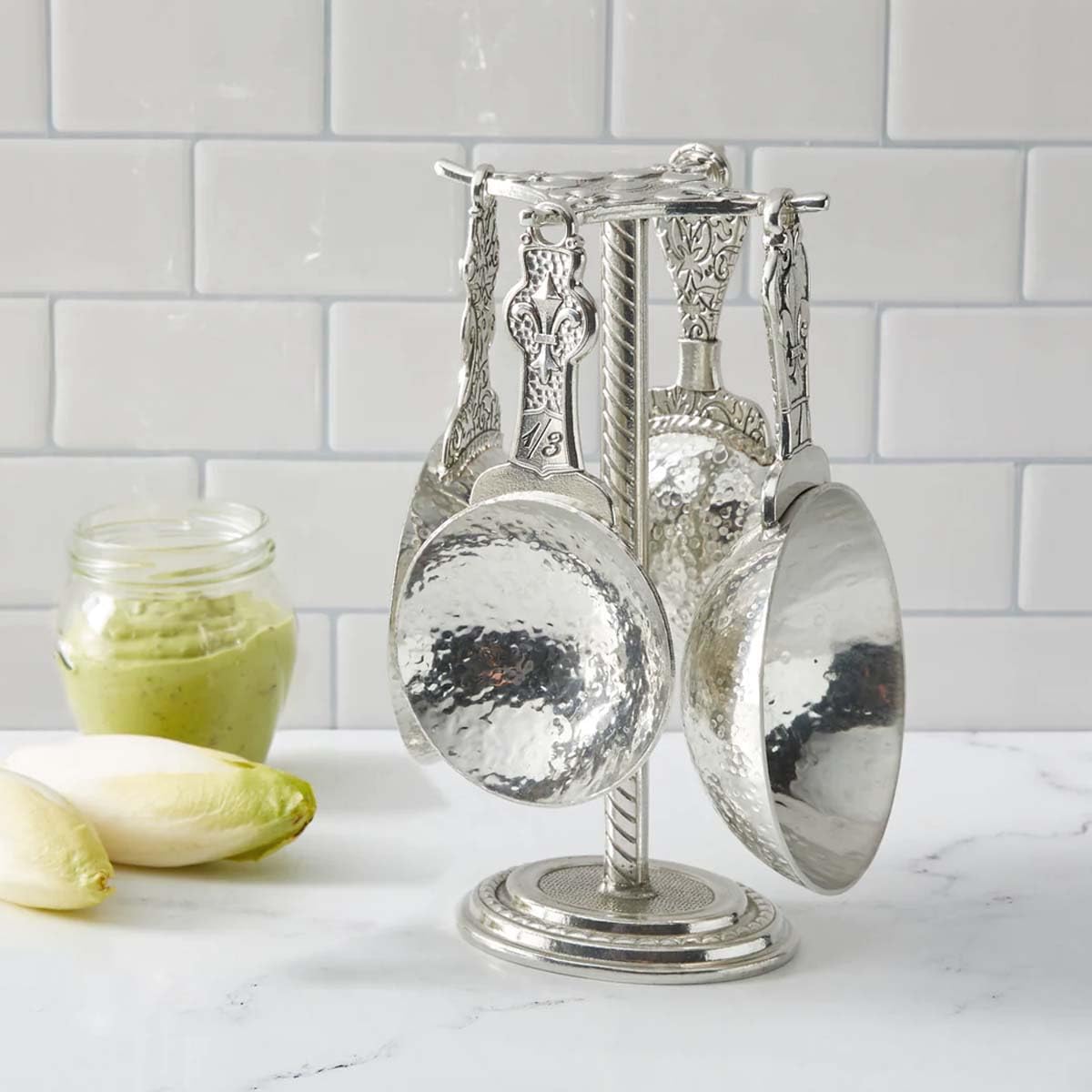 Crosby & Taylor Fleur de LYS Pewter Measuring Cups Set - 4-Piece Stainless Steel Kitchen Measuring Cups with Display Stand | Perfect for Baking, Cooking & Kitchen Decor