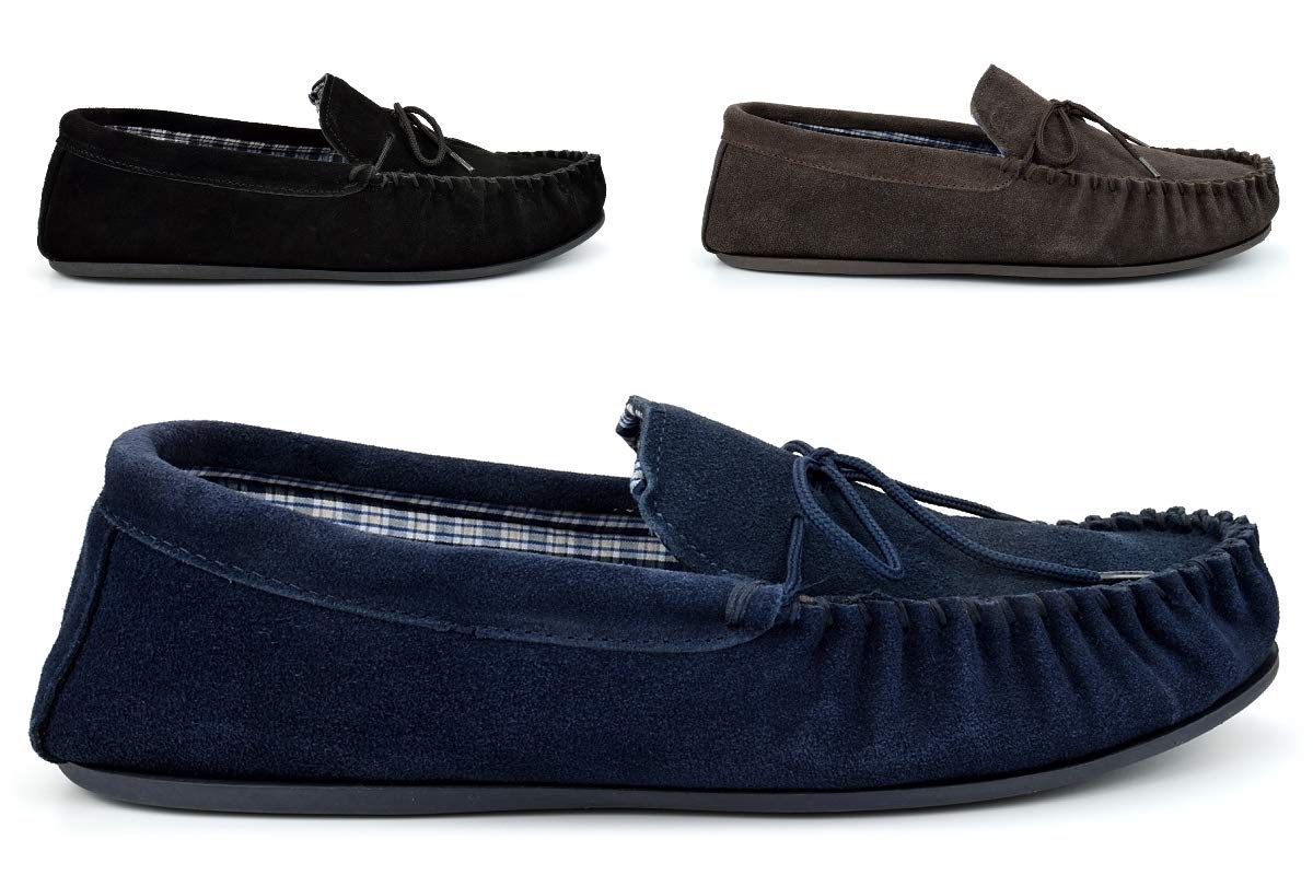 Men's Genuine Suede & Leather Moccasin Slippers - Comfortable House Shoes in Black/Dark Brown/Navy (Sizes 6-15) - Perfect for Indoor Lounging, Cozy Home Wear and Casual Comfort