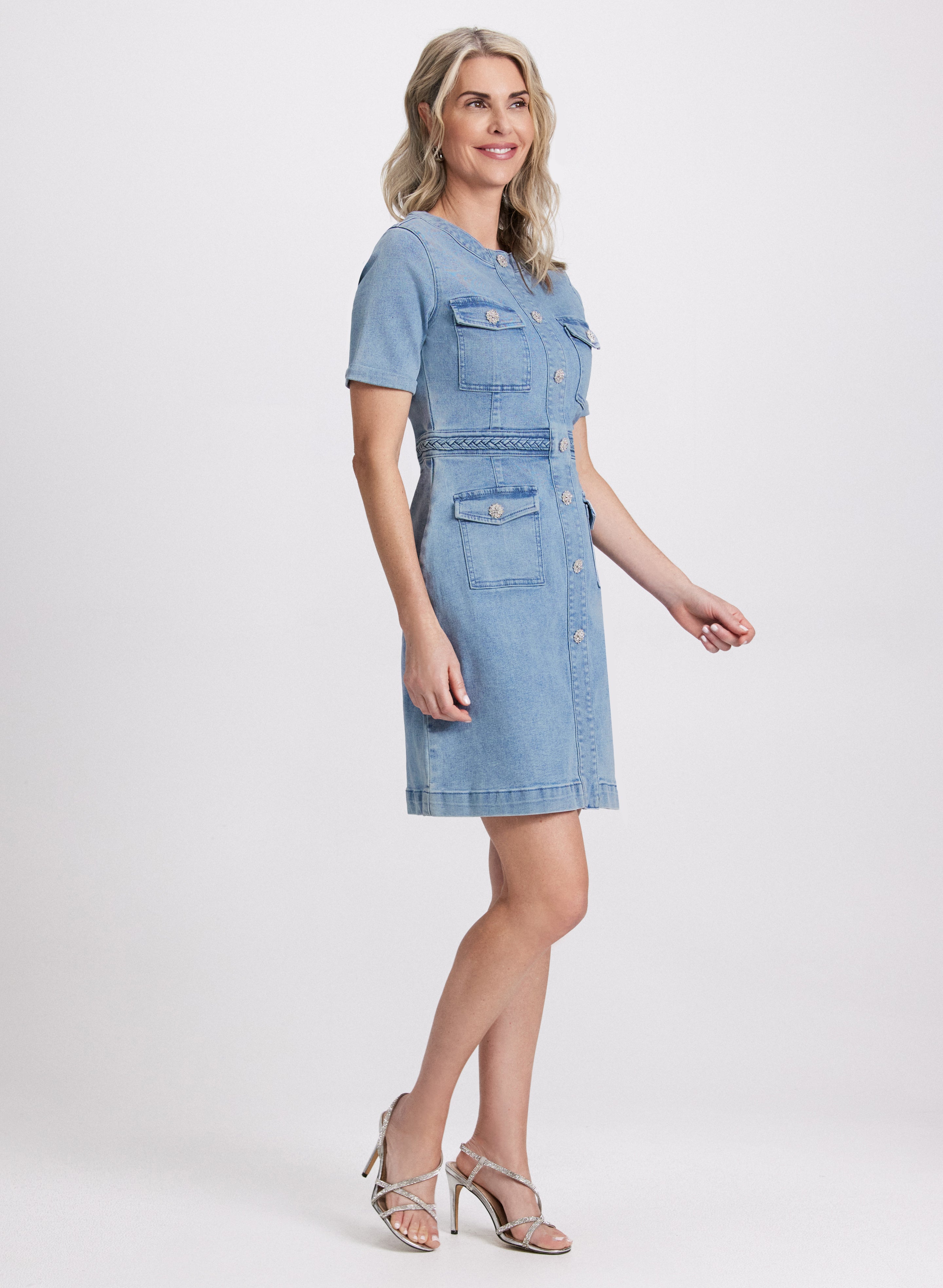 Crystal Embellished Denim Button Dress for Women - Elegant Party & Date Night Outfit