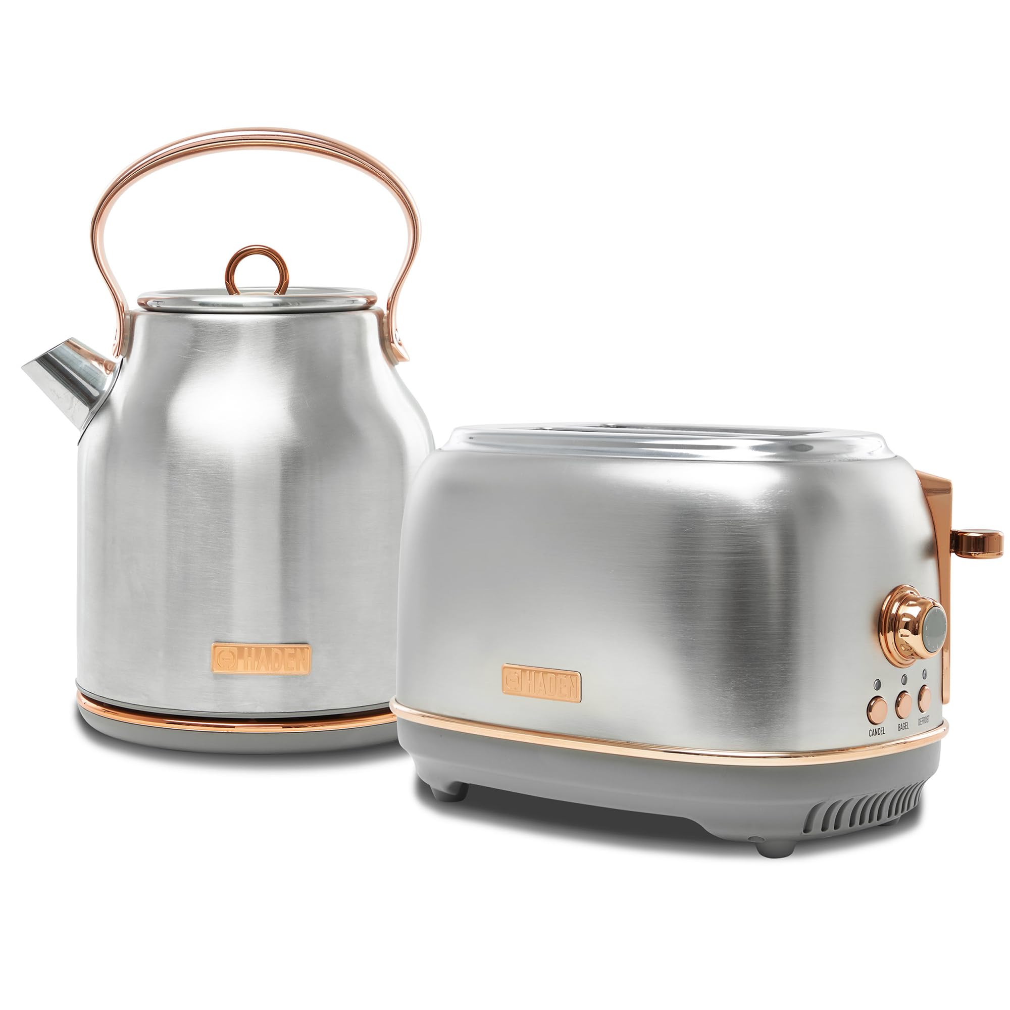Haden Heritage 4-Slice Wide Slot Stainless Steel Toaster with 1.7L Electric Kettle Set - Retro Kitchen Appliance Combo for Breakfast & Tea Time - Perfect for Homes, Offices & Dorms