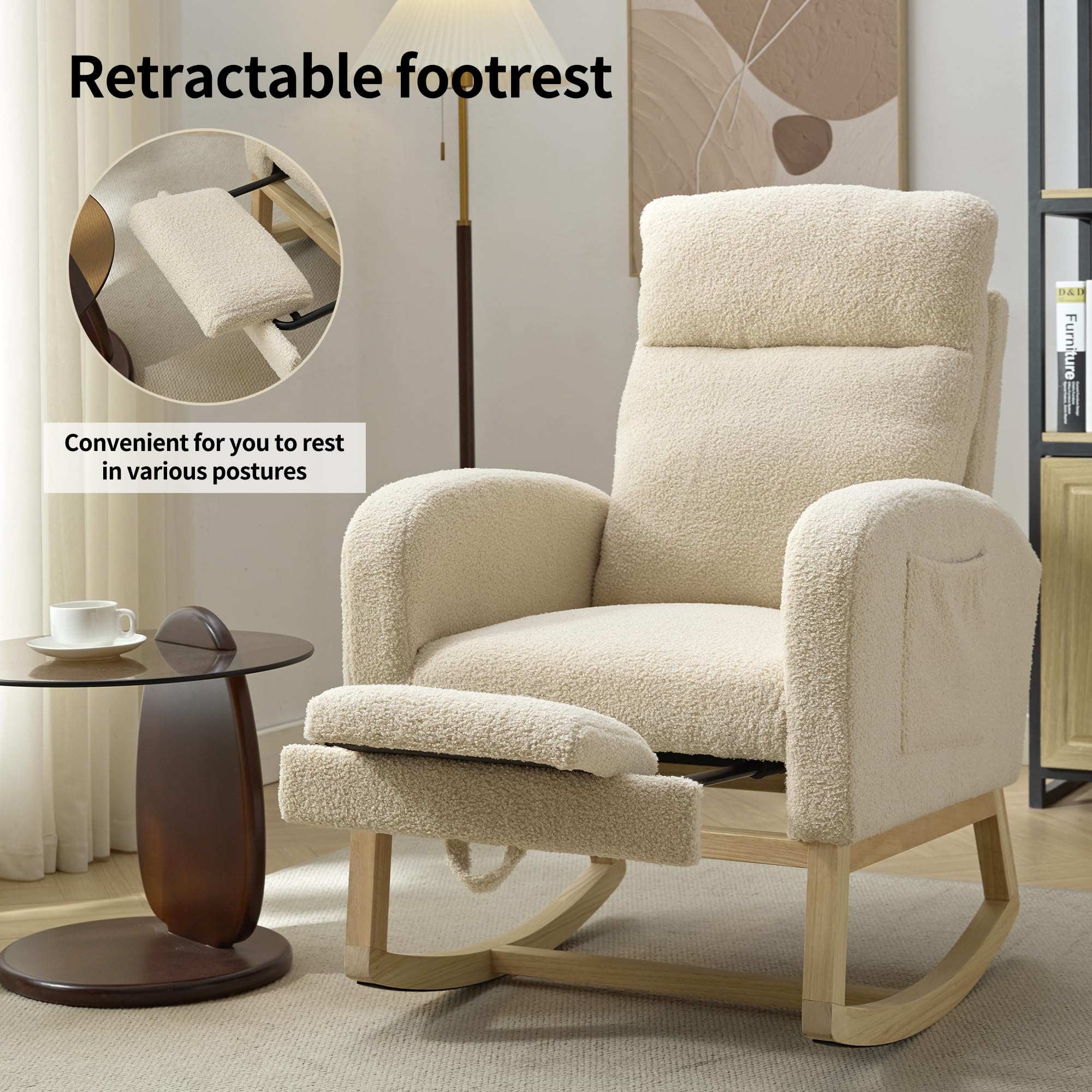 Teddy Upholstered Nursery Rocking Chair with Footrest - Solid Wood Glider Rocker with Side Pockets - Comfortable Armchair for Baby Nursery, Living Room, Bedroom & Lounge (Beige) - Perfect for Breastfeeding, Reading & Relaxing