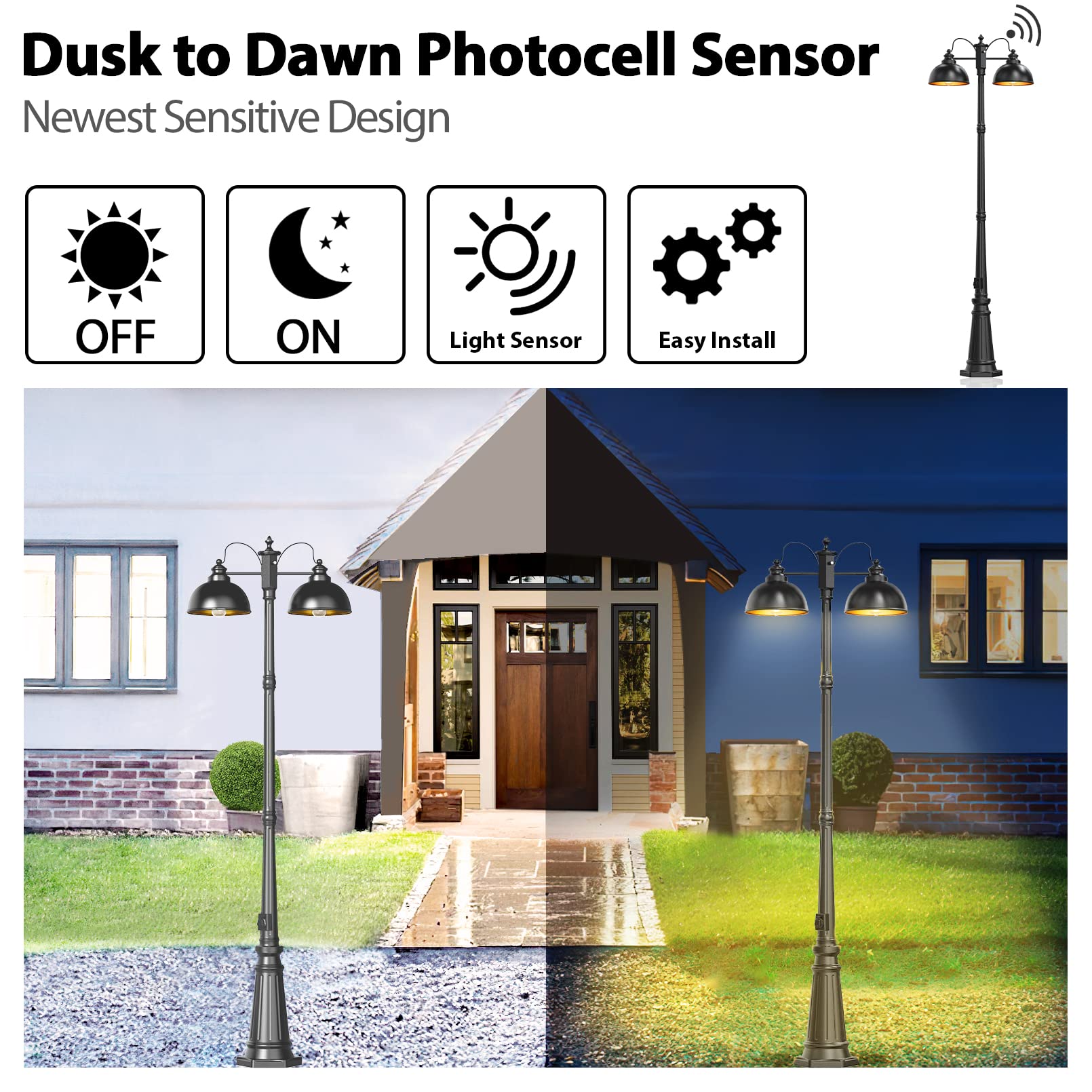 APOTO Dusk to Dawn Outdoor Lamp Post Lights with GFCI Outlet - Double Head Farmhouse Street Light Fixture - Black Aluminum Waterproof Lantern for Garden, Patio, Driveway & Walkway Lighting - Weatherproof Exterior Pole Lights for All Night Illumination