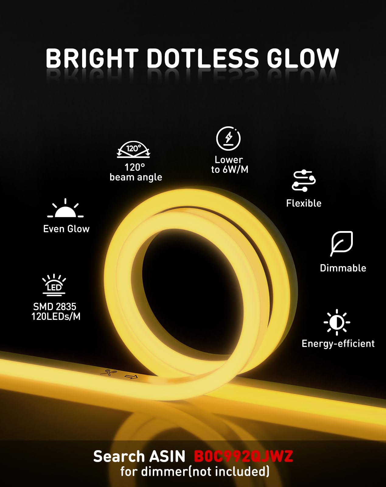 Shine Decor LED Rope Lights 50FT - Connectable & Cuttable Dotless 120LEDs/M Eco Neon Strip Lighting - 2600K Warm White, 8x16mm - AC 120V, ETL Certified, IP65 Waterproof & Weather-Resistant - Perfect for Home, Garden, Patio, and Commercial Decoration