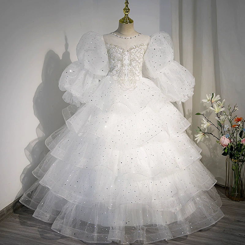 Princess Round Floor Length Tulle Flower Girl Dress in White - Perfect for Weddings, Baptisms & Special Occasions