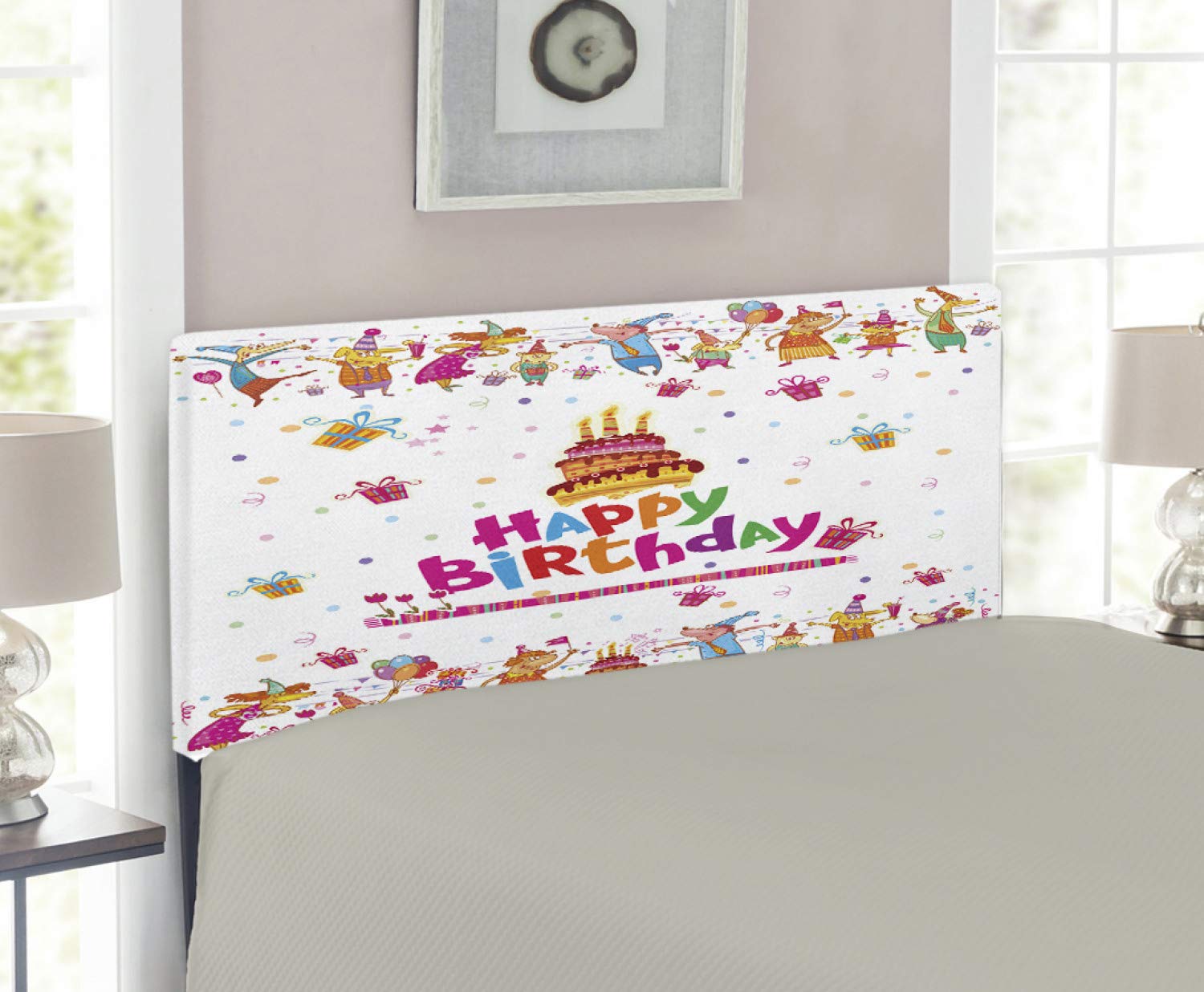 Ambesonne Twin Size Upholstered Metal Bed Headboard with Memory Foam - Fun Birthday Party Design Featuring Cartoon Mice, Presents & Cake - Colorful Decorative Headboard for Kids' Bedroom, Dorm Room or Guest Room