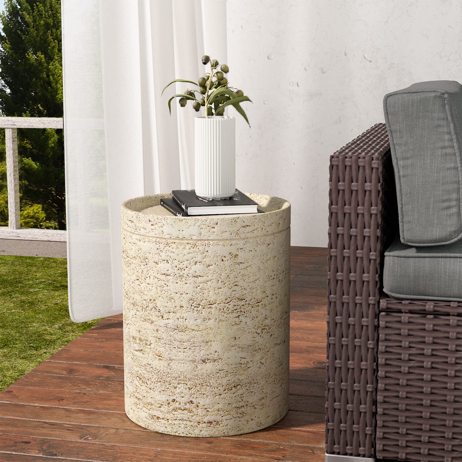 SUNBURY Outdoor Side Table for Patio - Modern Round Concrete Accent End Table, Stone Coffee Table, Milky Cement Side Table - Perfect for Garden, Balcony, and Poolside Decor