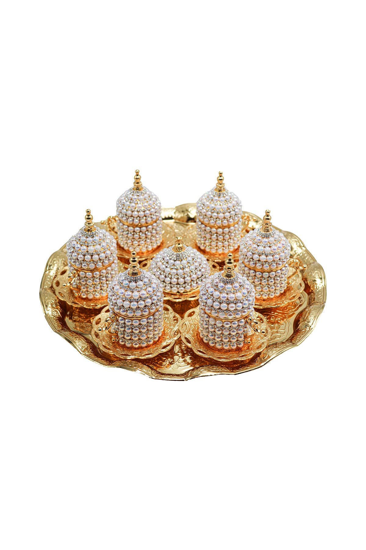 Premium Turkish Espresso Coffee Cups Set of 6 - Pearl Coated Gold Ottoman Arabic Greek Coffee Cups with Teapot & Ewer - Perfect for Home, Cafe & Gift Giving