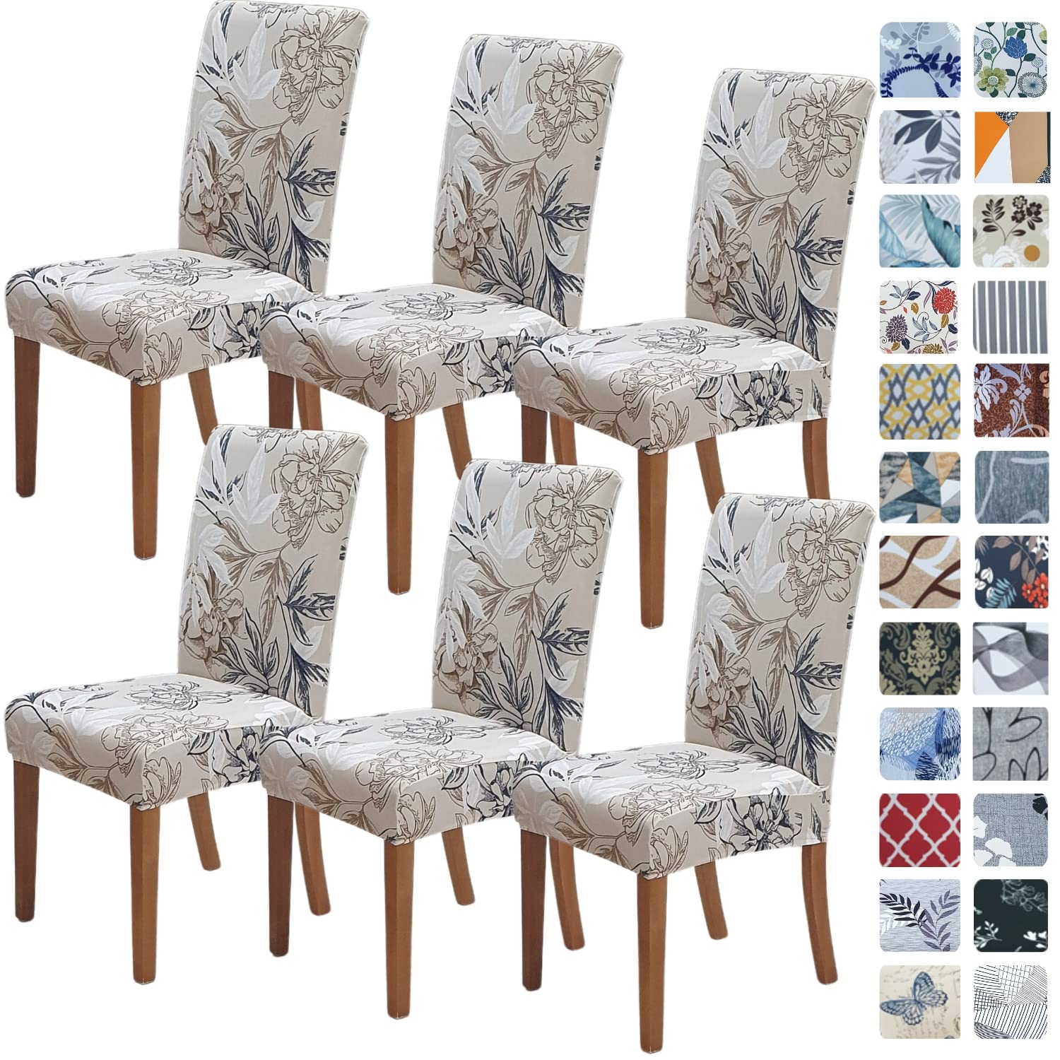 SPRINGRICO 6-Pack Stretch Dining Chair Covers - Washable Spandex Slipcovers for Kitchen & Parsons Chairs, Floral Beige Seat Protectors - Perfect for Home Decor, Dinner Parties & Holiday Gatherings (Set of 6)