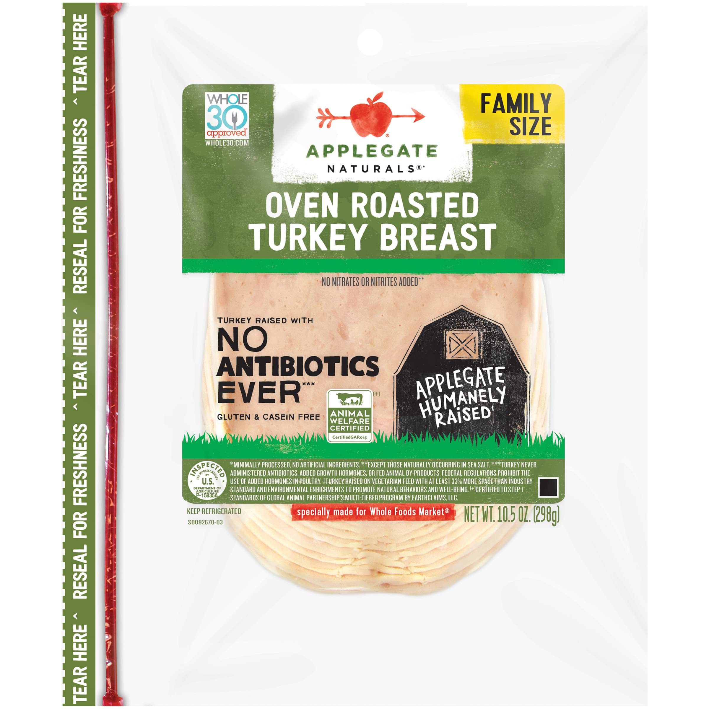 Applegate Natural Oven Roasted Turkey Breast - Family Size 10.5oz | Gluten-Free, No Antibiotics | Healthy Lunch Meat for Sandwiches, Salads & Meal Prep