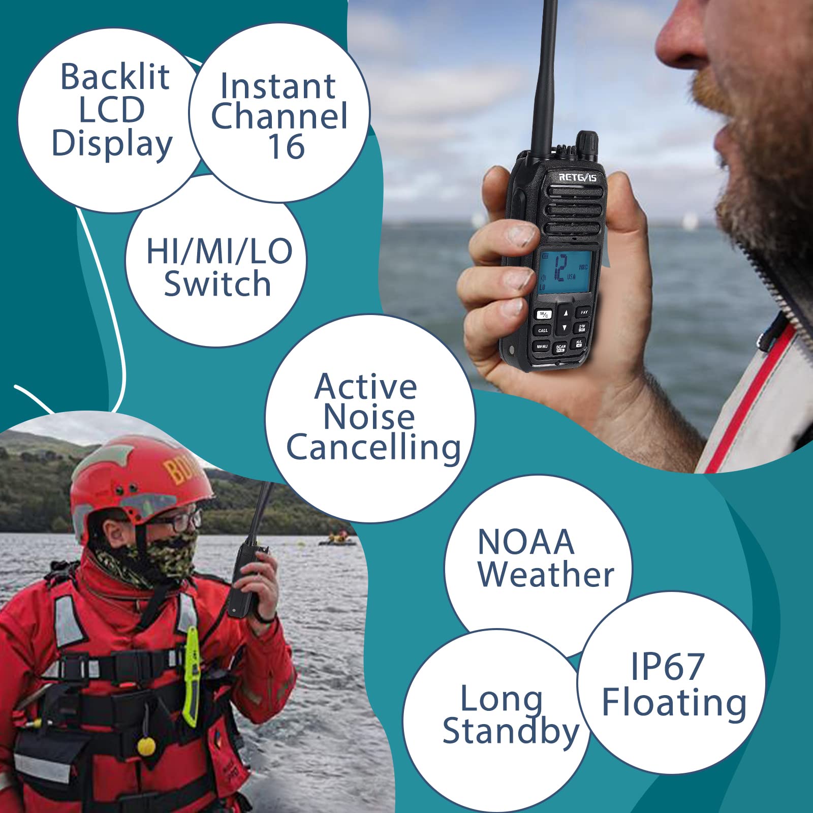 Retevis RM21 Waterproof Floating Handheld Marine VHF Radio - IP67 Submersible, Noise Cancelling, 1800mAh Battery, LCD Backlit Display, NOAA Weather Alerts - Perfect for Boating, Fishing & Marine Construction Safety