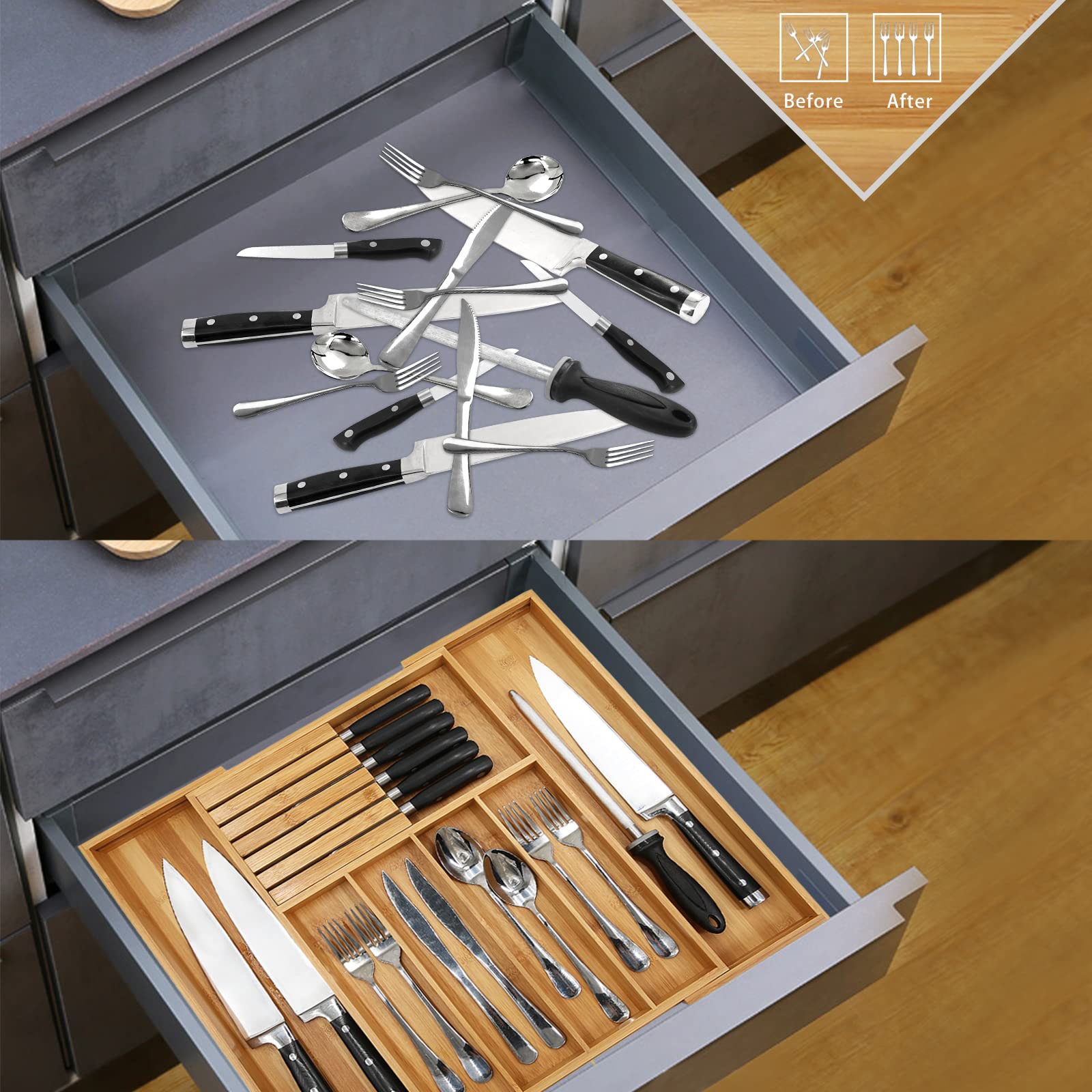 VaeFae Expandable Bamboo Silverware Drawer Organizer with Knife Block & Dividers - Multifunctional Wooden Utensil Tray for Kitchen, Dining Room & Office - Perfect for Organizing Cutlery, Spoons, Forks & Knives