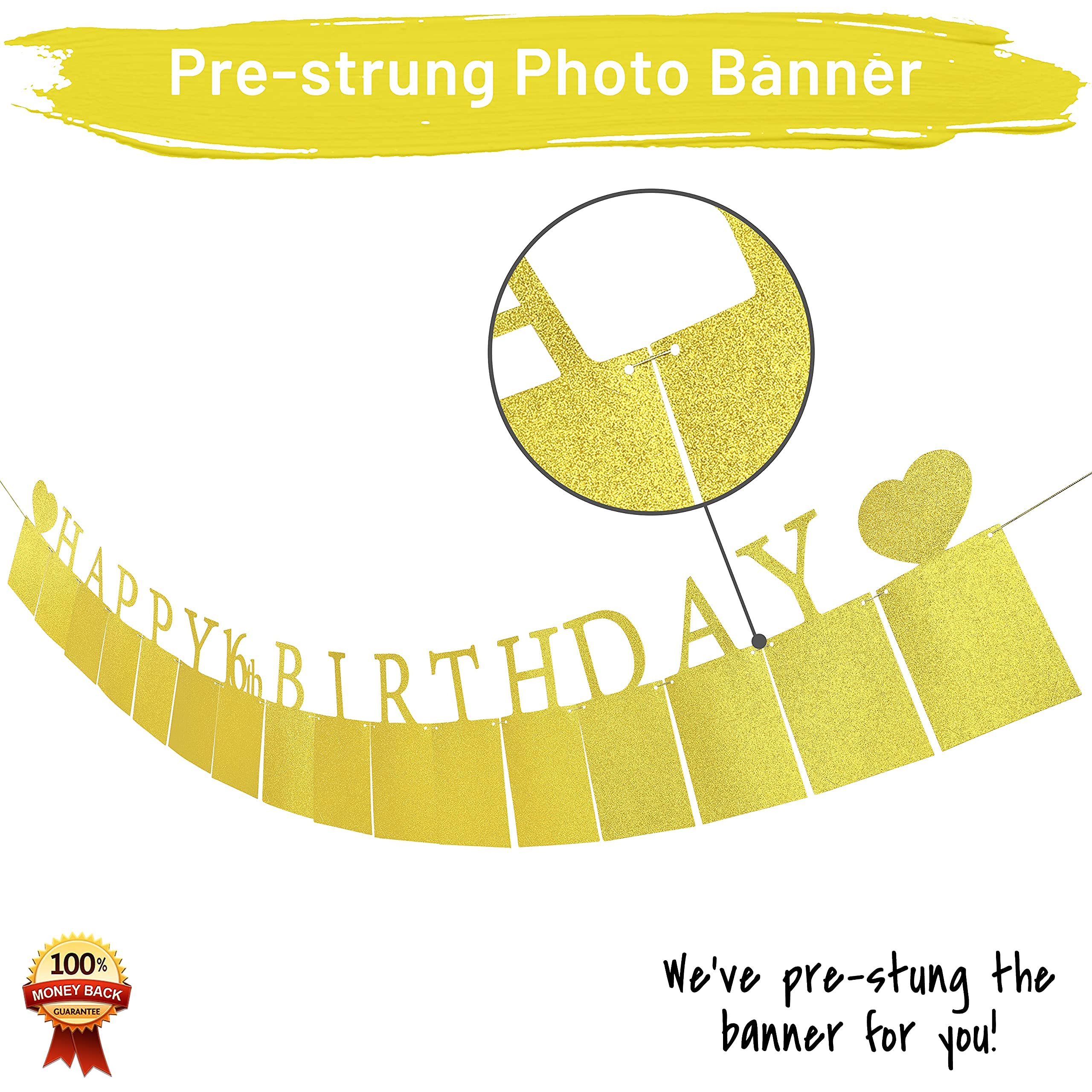 Gold Sweet 16 Birthday Banner with 6 Photo Frames - Pre-Assembled Party Decorations for Girls - Happy 16th Birthday Signs - Perfect for Sweet Sixteen Parties, Photo Booths & Milestone Celebrations