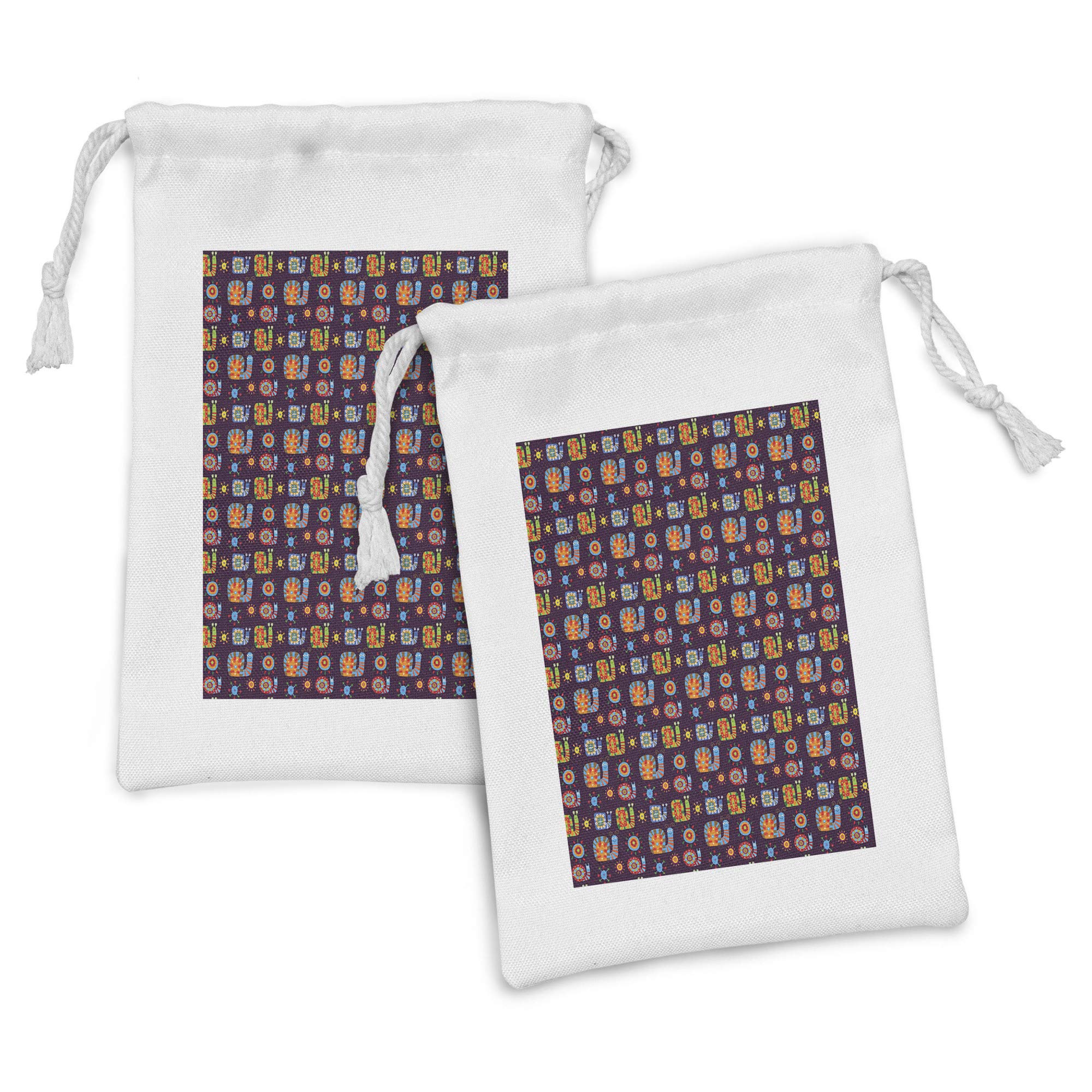Ambesonne 2-Pack Snail Fabric Pouch Set - Cute Cartoon Smiling Snail & Sun Design Drawstring Bag (9