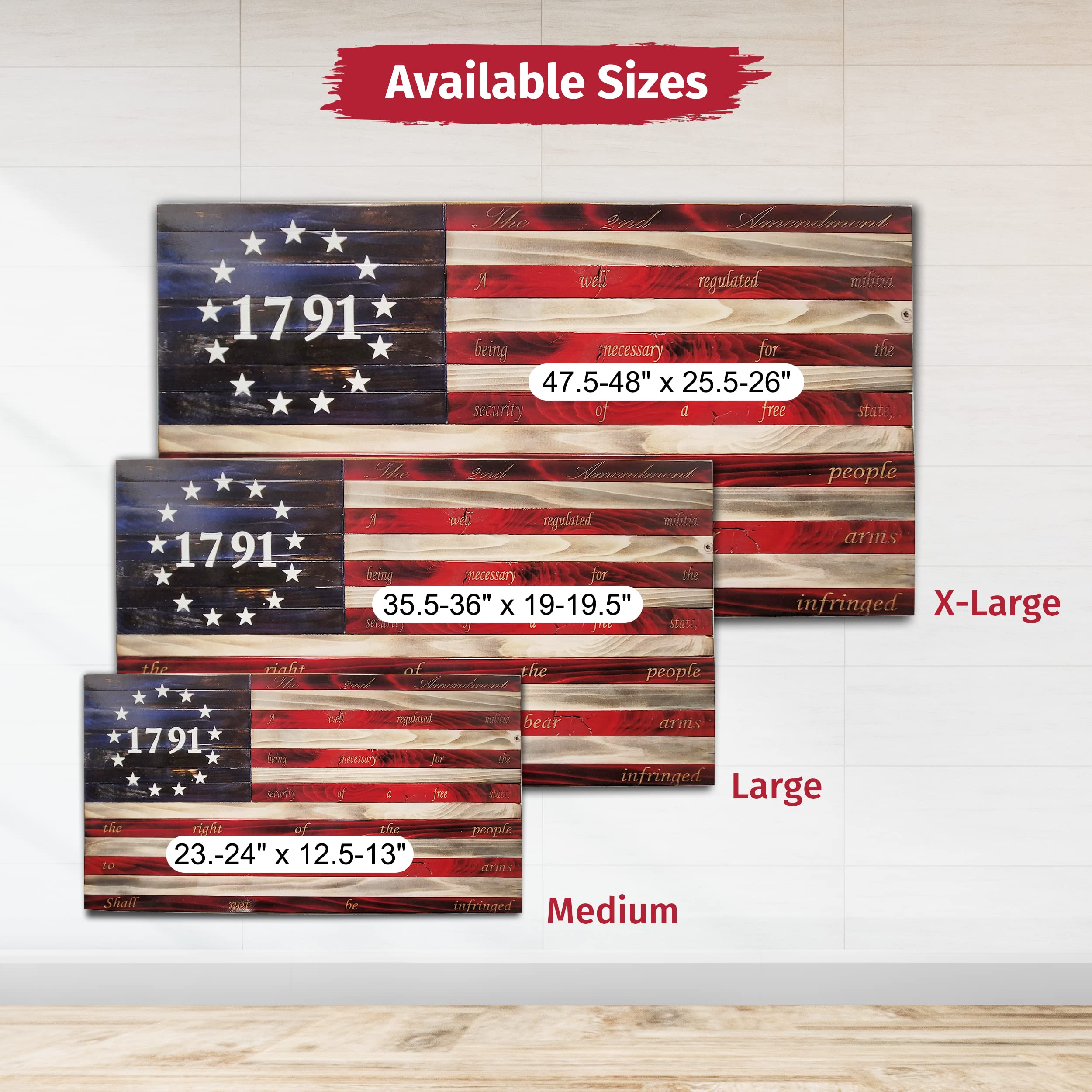 13 Stars 1791 Laser Etched 2nd Amendment American Flag - Handmade Wooden Wall Art for Home Decor, Independence Day & Patriotic Room Decor - Large 3Ft Indoor Flag Made in USA by Pioneer Pacific Flags - Perfect for Living Rooms, Offices & Man Caves