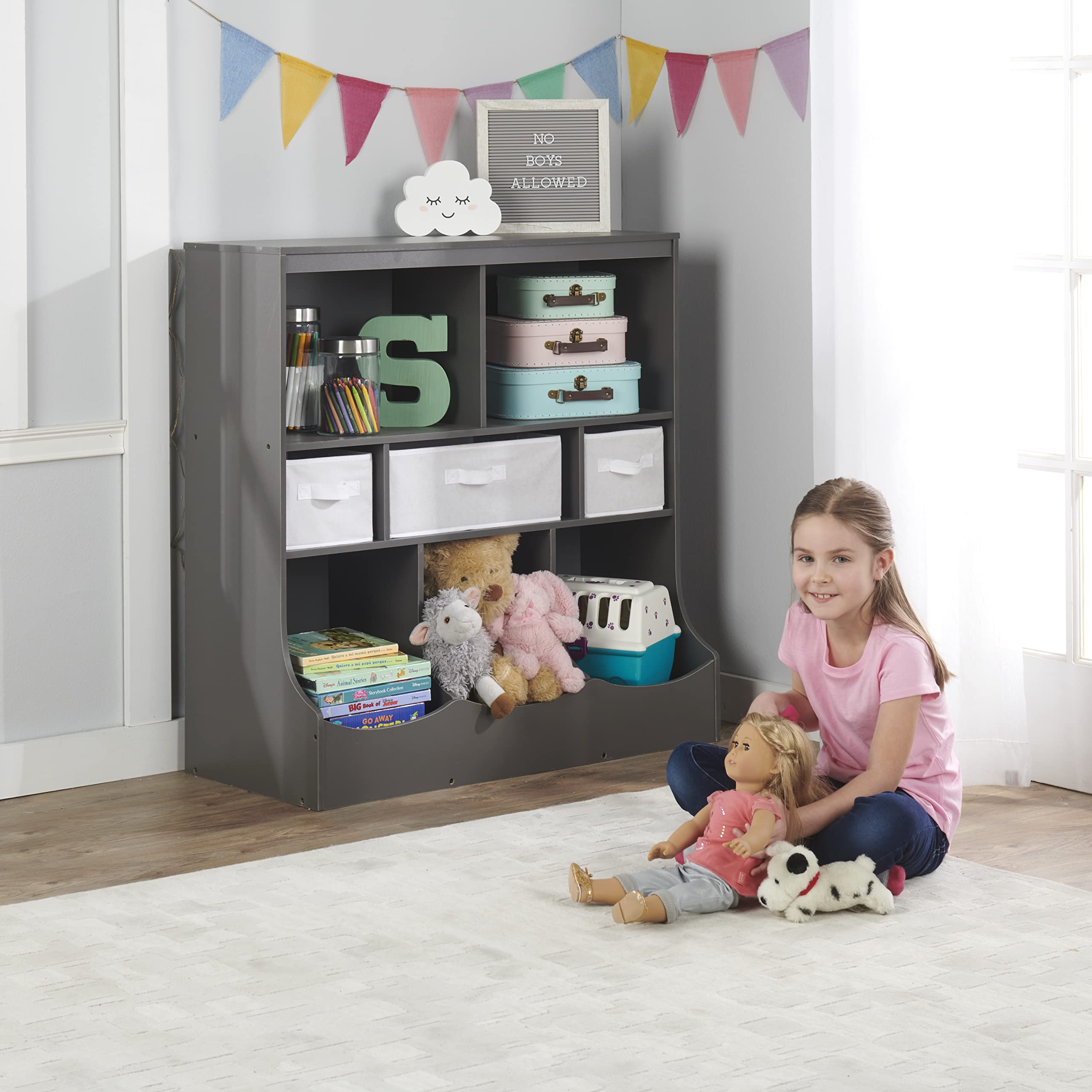 Badger Basket Kids Toy Storage Organizer with 3 Bins & Bookshelf - Charcoal Gray | Space-Saving Nursery, Playroom & Classroom Organization Solution