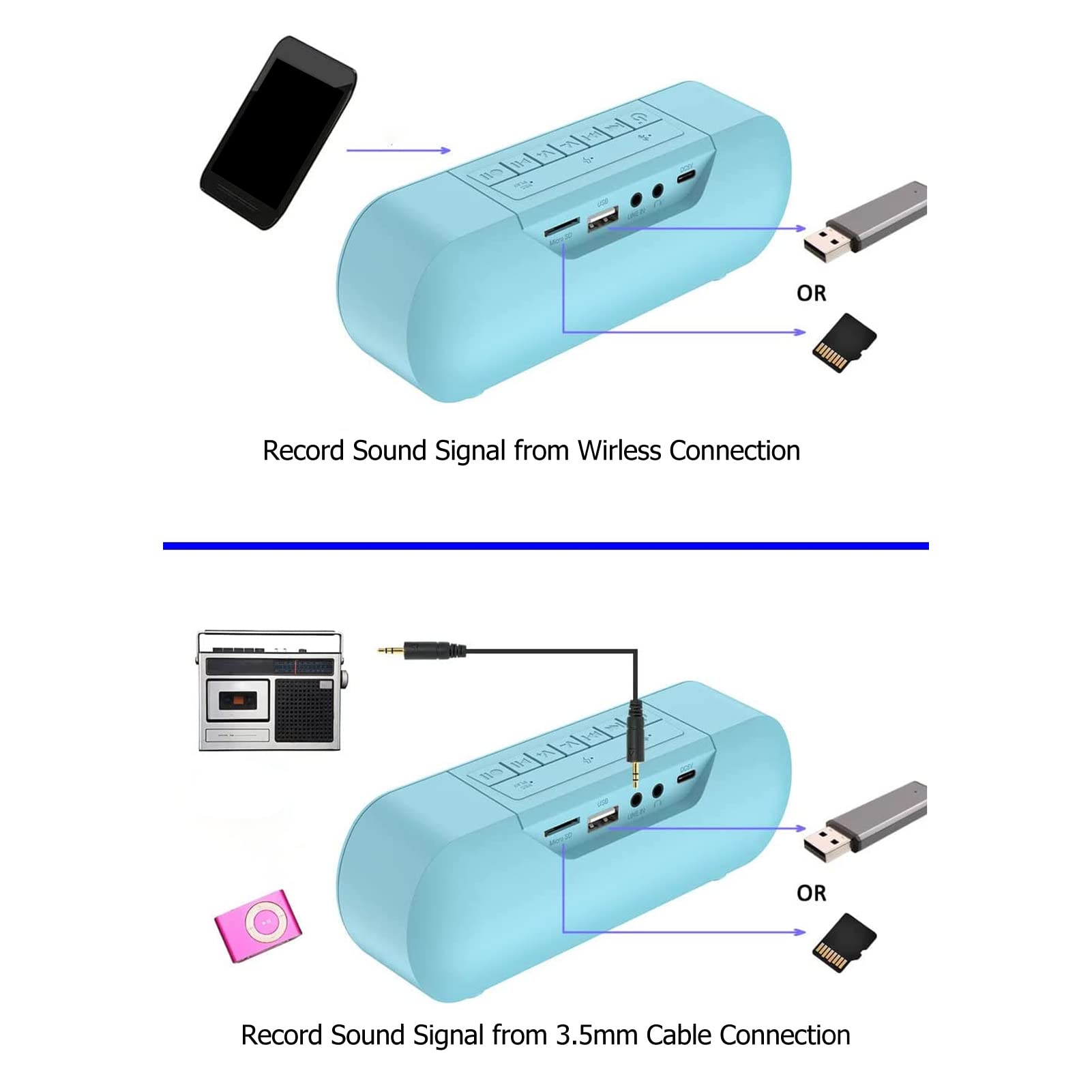 Zunate Bluetooth Speaker Recorder - Portable Audio Digitizer & MP3 Converter with Bluetooth 5.0, 3.5mm Line Input, High-Quality Sound (Blue) | Perfect for Home, Office, Travel, and Outdoor Music Recording