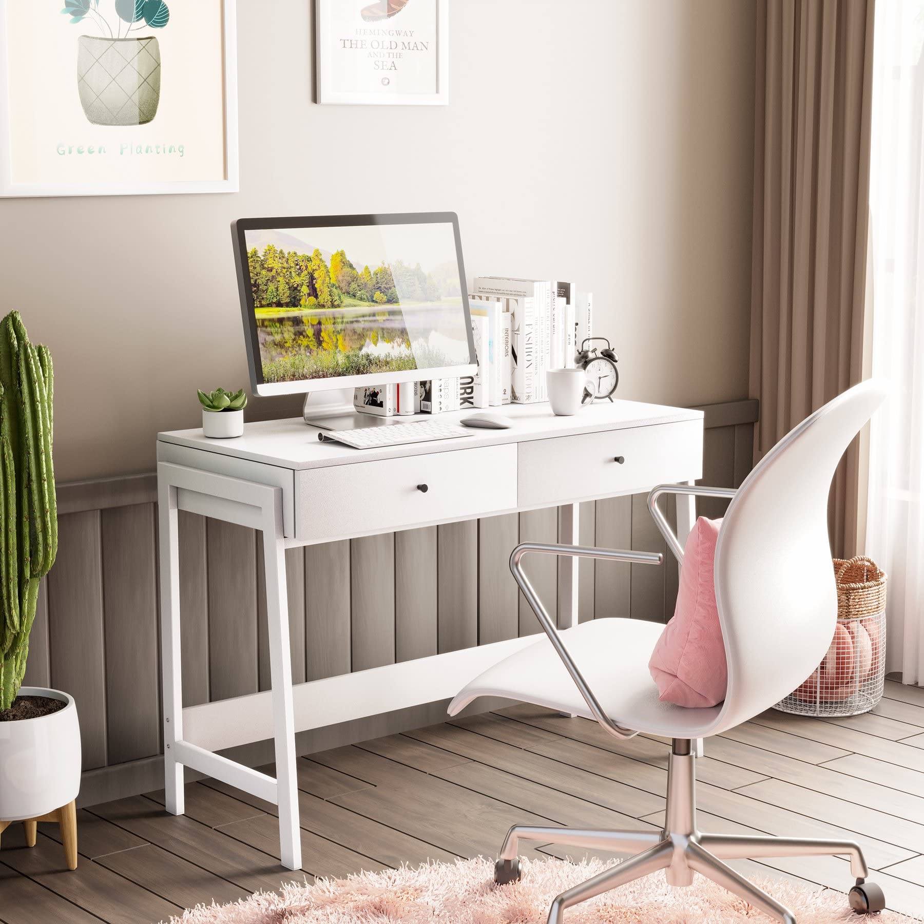 White Desk with 2 Drawers - Modern Home Office Desk for Studying & Working, Makeup Vanity Table for Bedroom | Perfect for Small Spaces, Remote Work & Beauty Routine