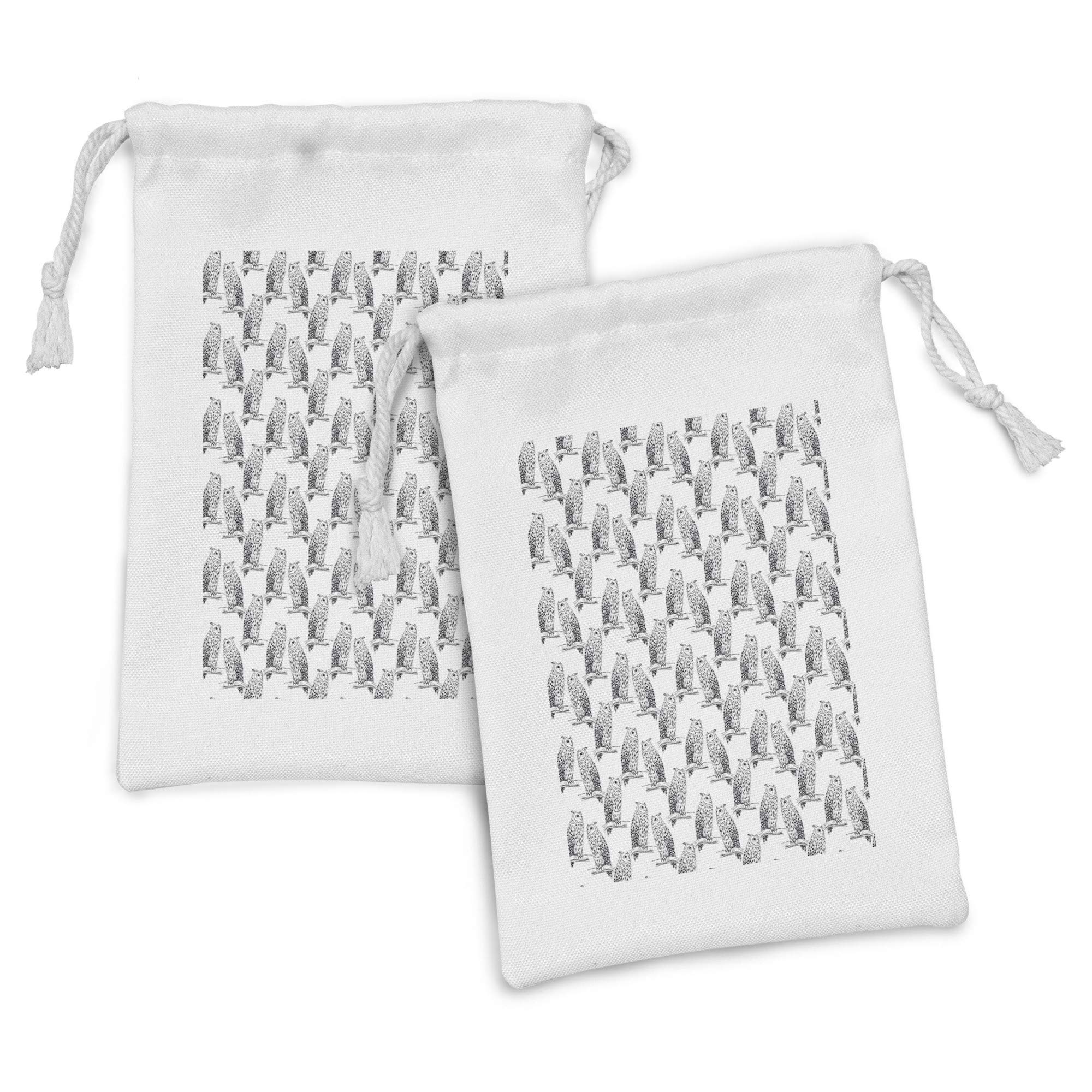 Ambesonne Owl Lover Fabric Pouch Set of 2 - Monochrome Sketch Owl on Branch Print Drawstring Bags (9