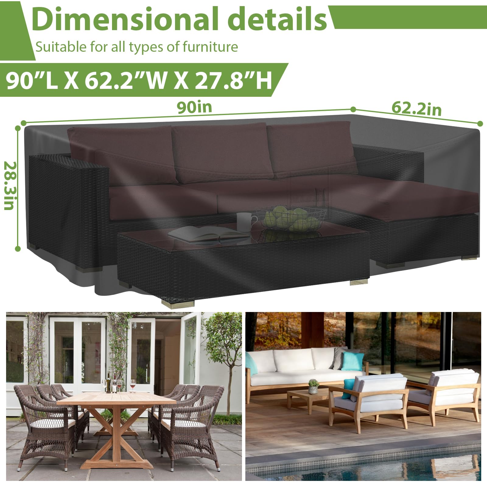Waterproof Outdoor Patio Furniture Covers for Sectional Sofa Sets, Table & Chair Sets - Heavy Duty Black Rectangular Cover (90