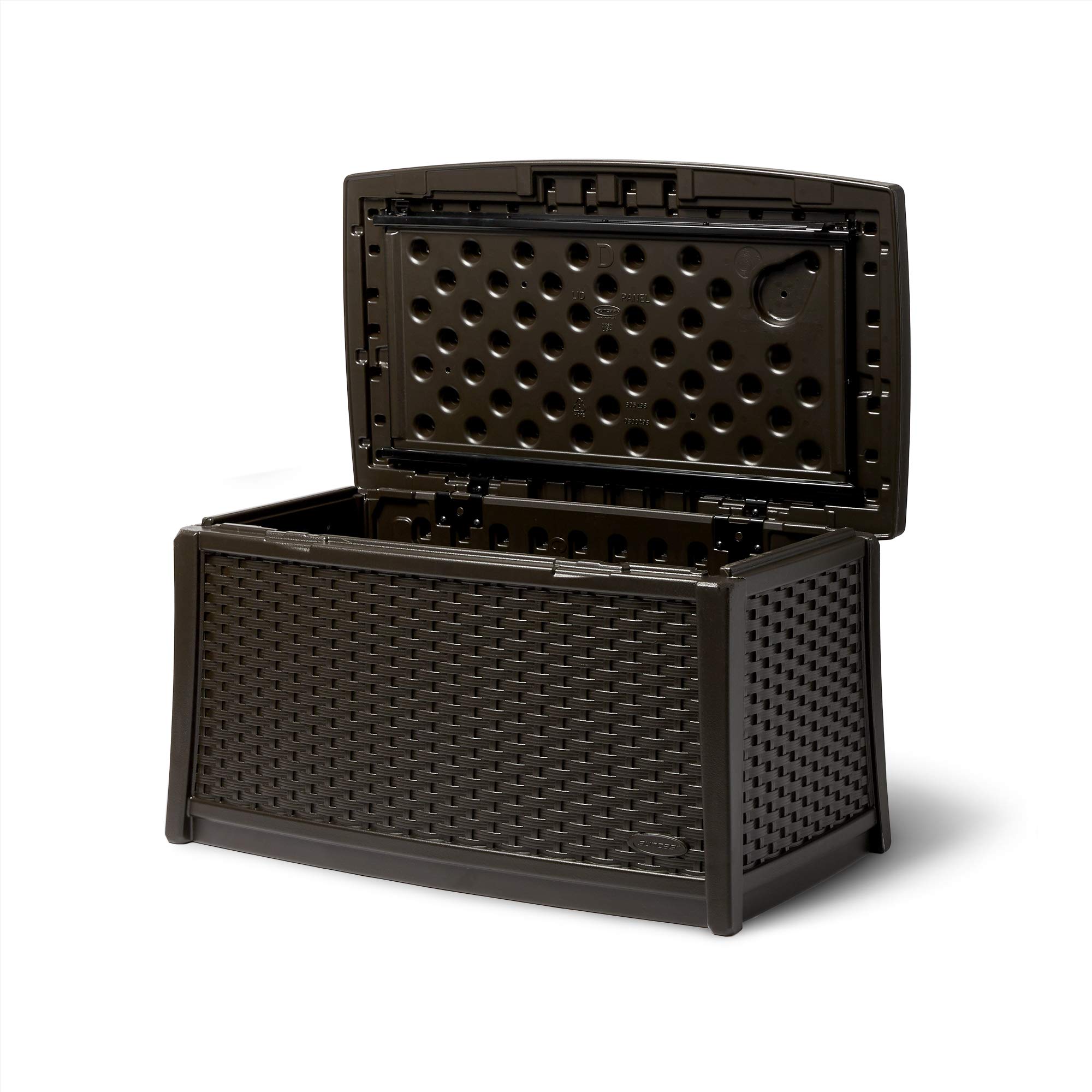 Suncast 30 Gallon Resin Outdoor Patio End Table with Storage - Weatherproof Java Brown Deck Box for Cushions, Pillows & Garden Tools - Perfect for Backyard, Poolside & Patio Furniture Organization