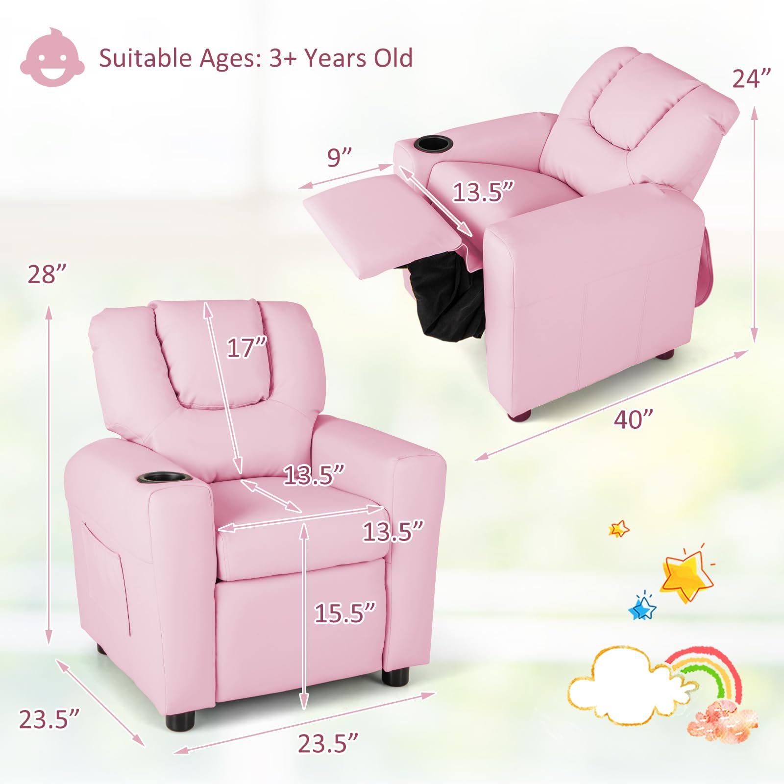 Costzon Kids Recliner Chair with Cup Holder - Pink PU Leather Toddler Armchair with Headrest & Footrest for Boys and Girls - Perfect for Bedroom, Playroom, Nursery, and Movie Nights