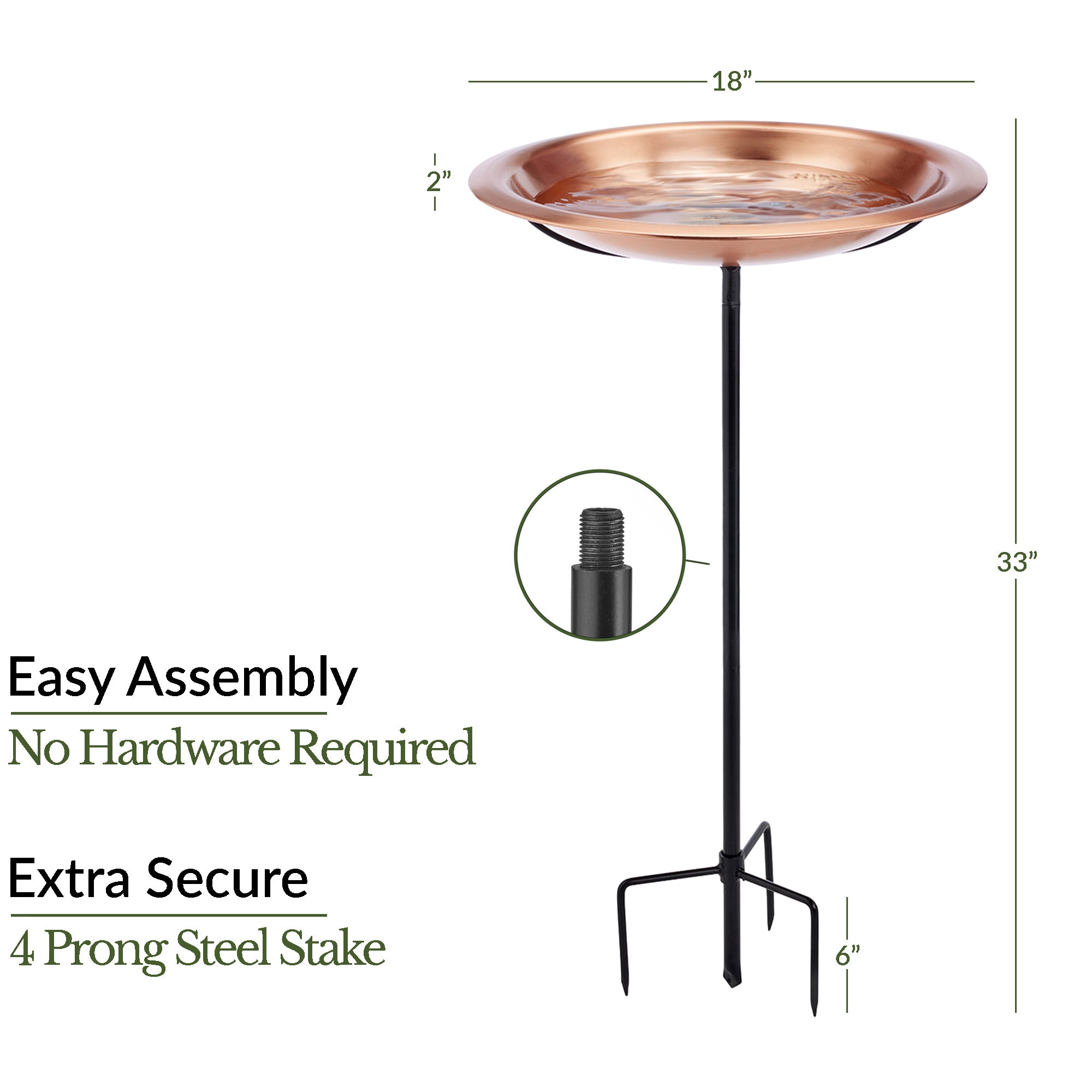 Good Directions 18-Inch Copper Bird Bath with Garden Pole - Matte Finish for Outdoor Garden Decor & Bird Watching