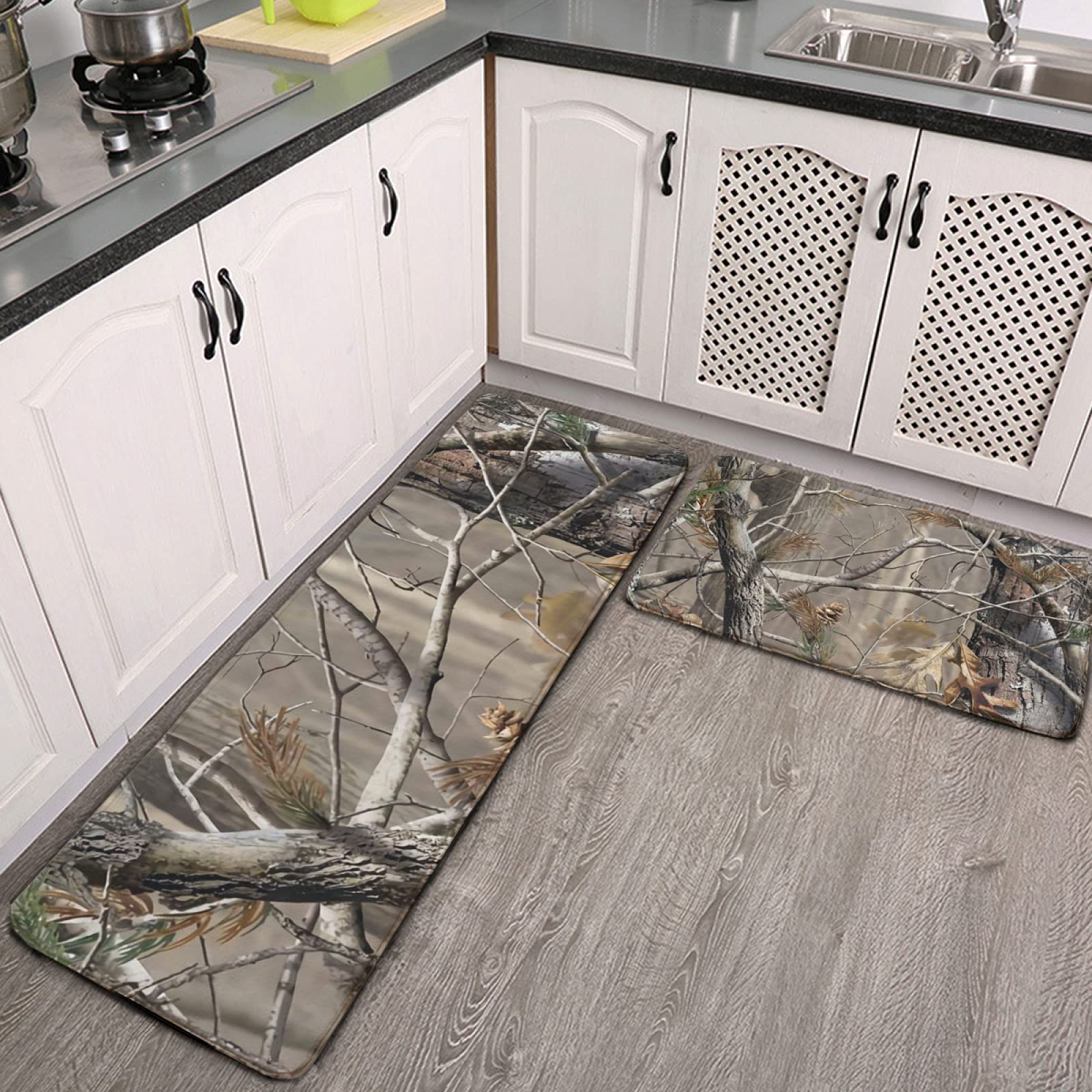 2 Pcs Realtree Camo Kitchen Rug Set - Non-Slip, Super Absorbent & Washable Floor Mats for Kitchen, Bathroom, Laundry - Soft & Durable Home Decor (White, One Size) - Perfect for High Traffic Areas & Spill Protection