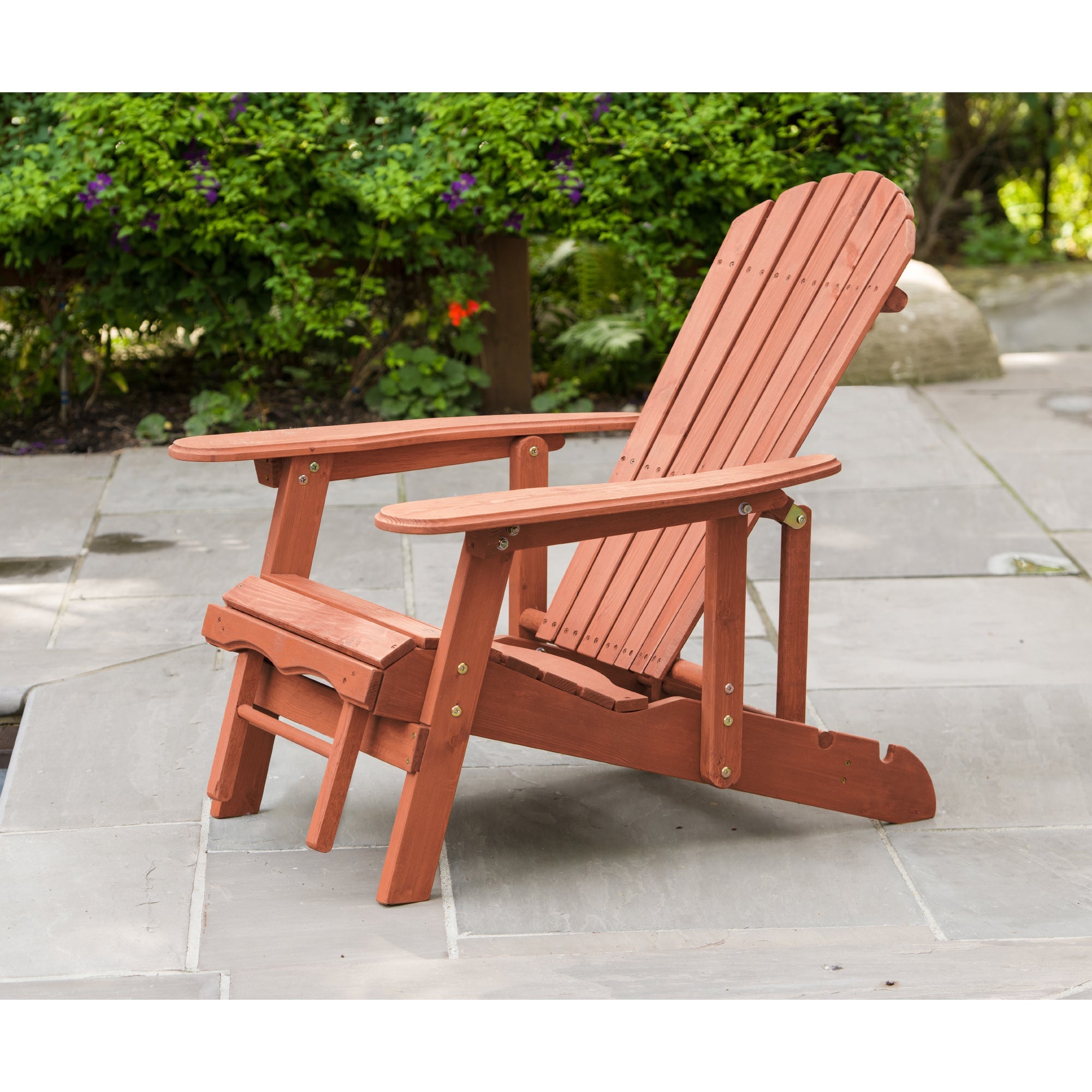 Premium Solid Wood Reclining Adirondack Chair with Pull-Out Ottoman - Medium Brown Patio Furniture (AC7105) - Perfect for Backyard Relaxation, Poolside Lounging & Outdoor Decoration